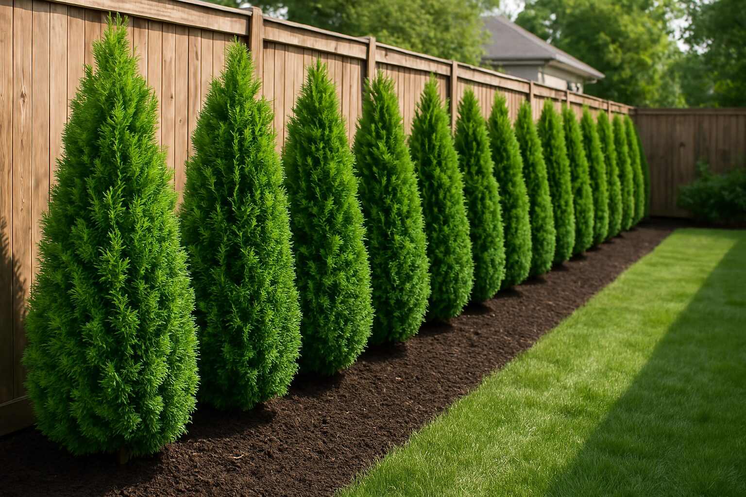 Neatly installed row of evergreen shrubs along a path