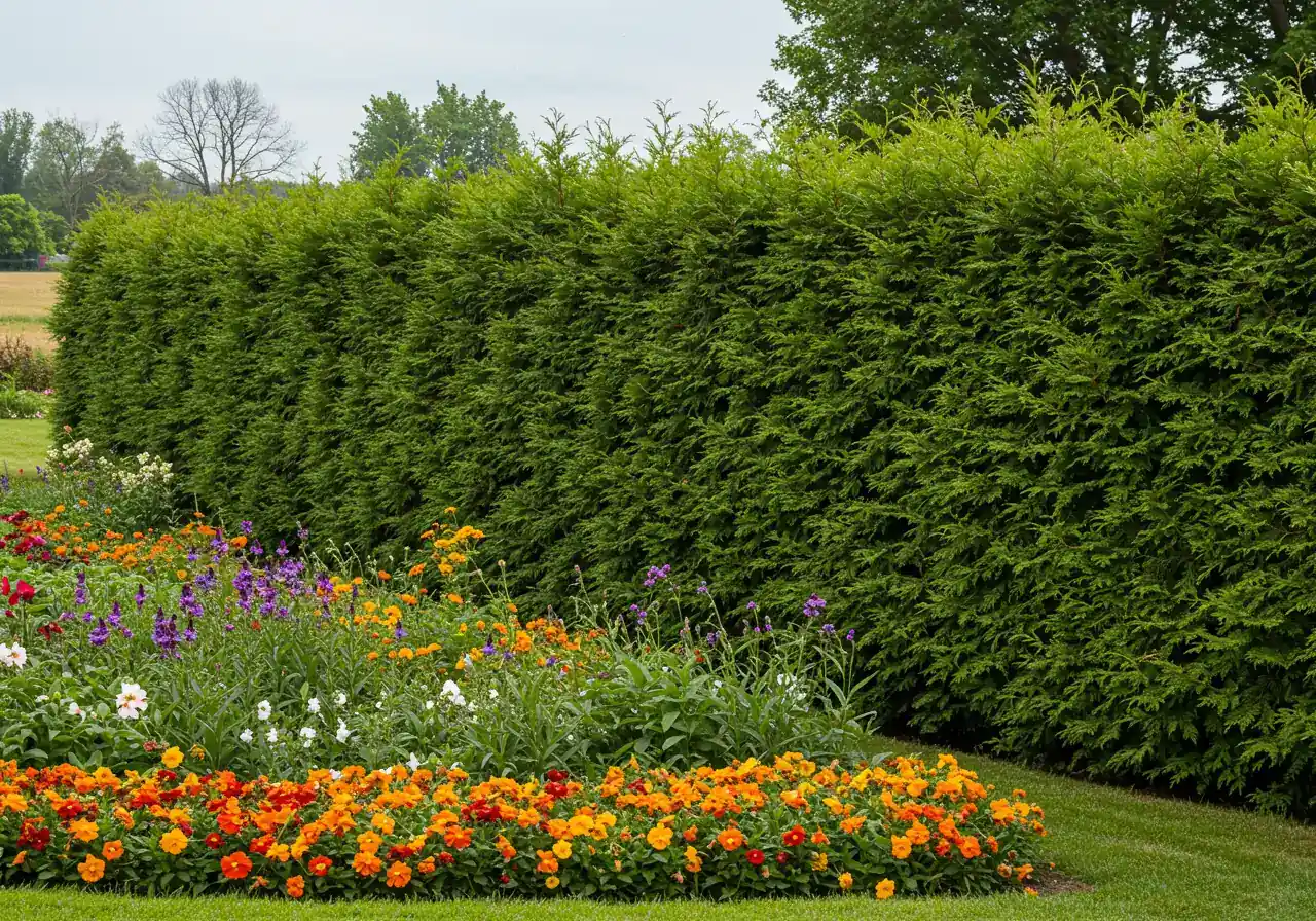 A healthy, established evergreen hedge (like cedar or juniper) acting as a living windbreak along the edge of a garden property. Behind the hedge, flowering perennials appear sheltered and calm, while hints of open space beyond the hedge suggest the presence of wind. The focus is on the protective structure of the hedge.