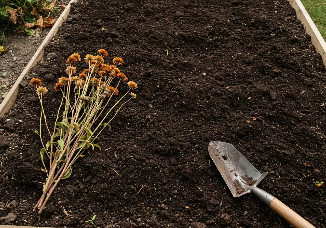 An overhead or slightly angled view of a cleaned perennial garden bed in late fall. Dead foliage has been removed (except perhaps a few sturdy ornamental grass or coneflower stalks left for winter interest). A fresh, 1-2 inch layer of dark, rich compost is spread evenly over the soil surface. A clean garden spade or fork might be resting nearby.