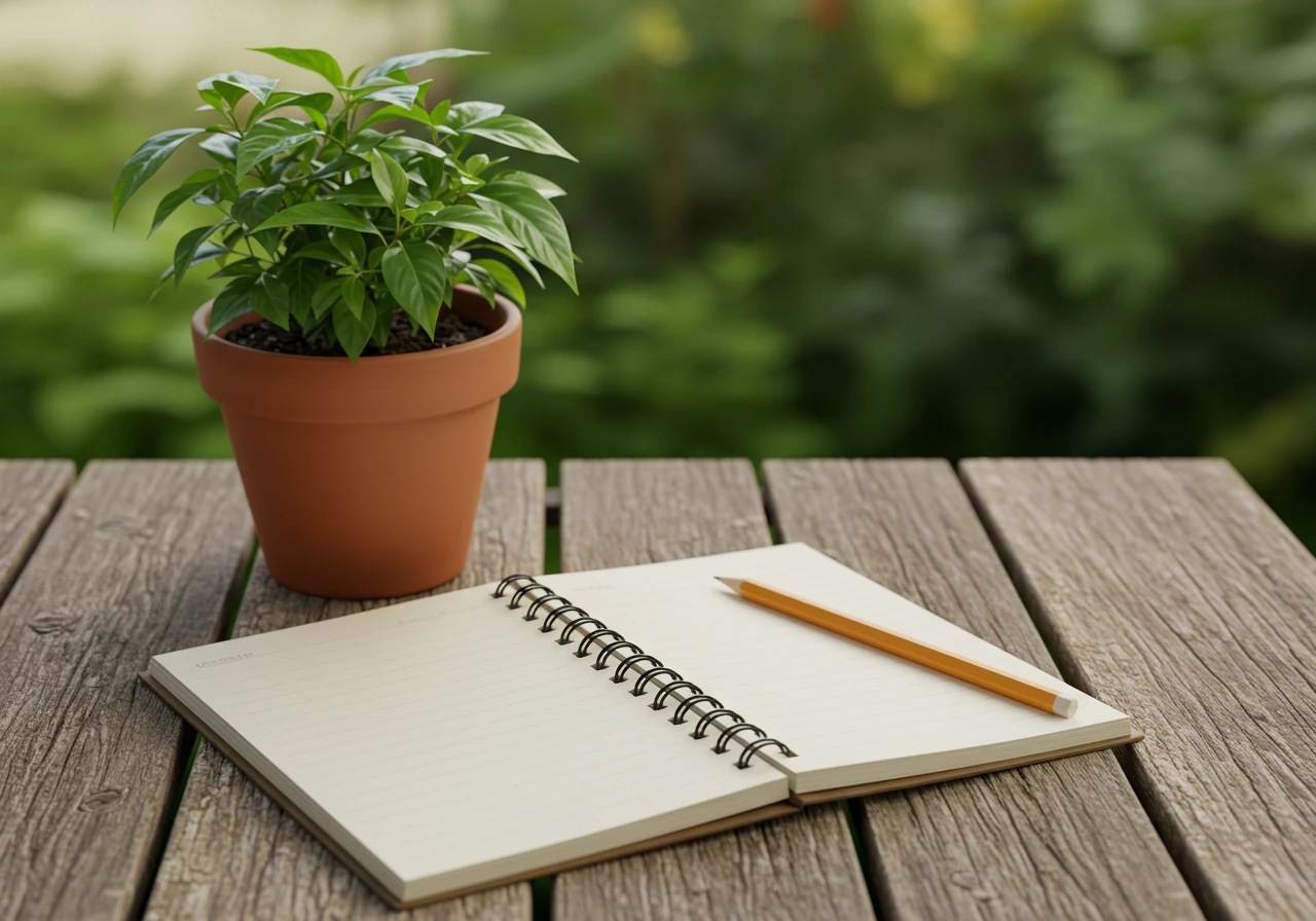 An aesthetically pleasing angled shot showing an open, simple spiral notebook and a pencil resting beside a potted plant with healthy green leaves on a weathered wooden surface. The notebook page could be blank or have faint, illegible handwritten notes to imply usage without showing text. The scene suggests quiet garden observation and note-taking.