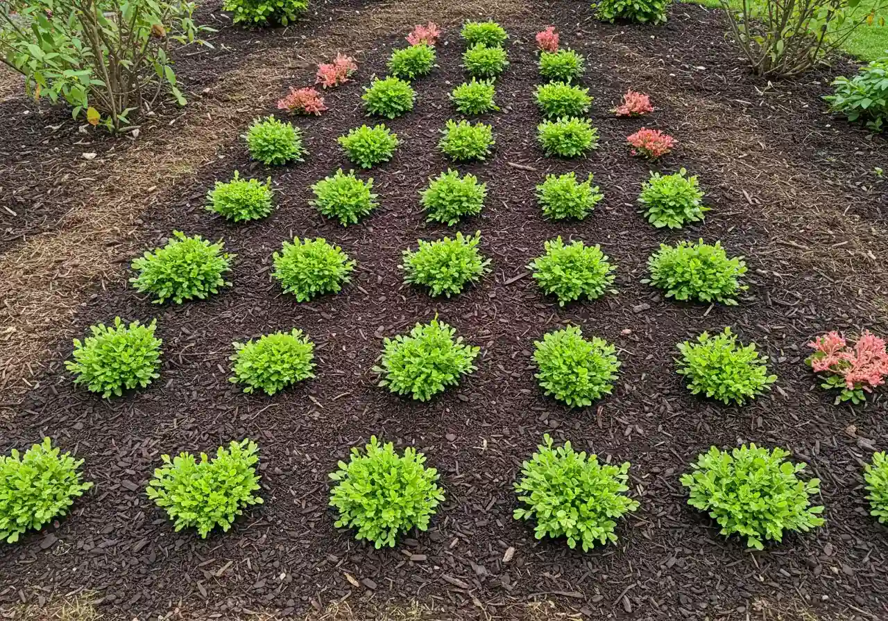 Illustrate the 'Stagger Your Planting' technique. An angled overhead view of a newly planted garden bed section where small, young perennial plants (like coral bells or sedum) are arranged in a clear zig-zag or triangular pattern. Stakes or markers could be subtly visible next to plants to emphasize intentional placement, with bare soil or fresh mulch between them.