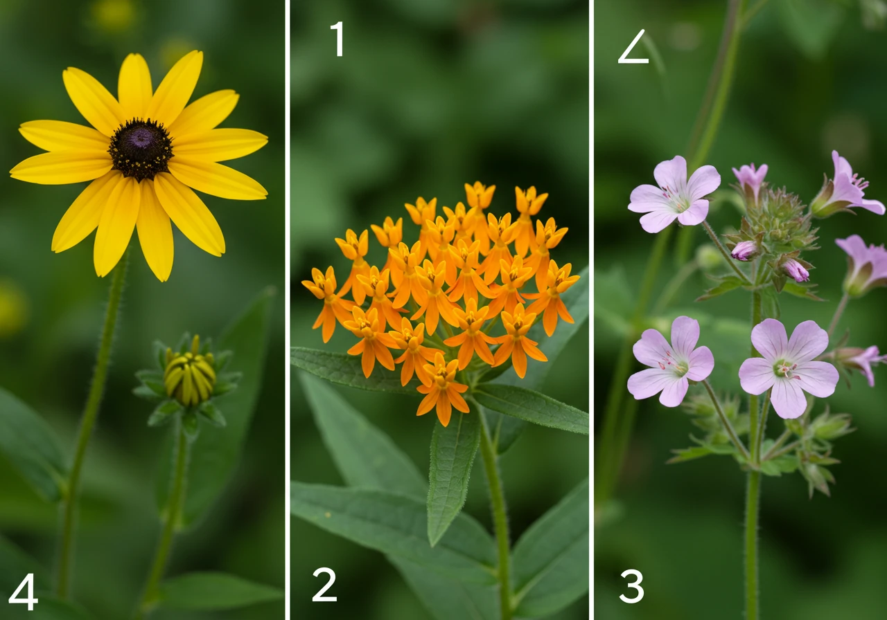 A collection shot featuring close-ups of flowers/foliage from 2-3 different native plants mentioned in the section, arranged attractively. For example, show the distinct cheerful yellow of Black-eyed Susan, the vibrant orange cluster of Butterfly Milkweed, and the delicate pink/purple of Wild Geranium flowers against their respective foliage.
