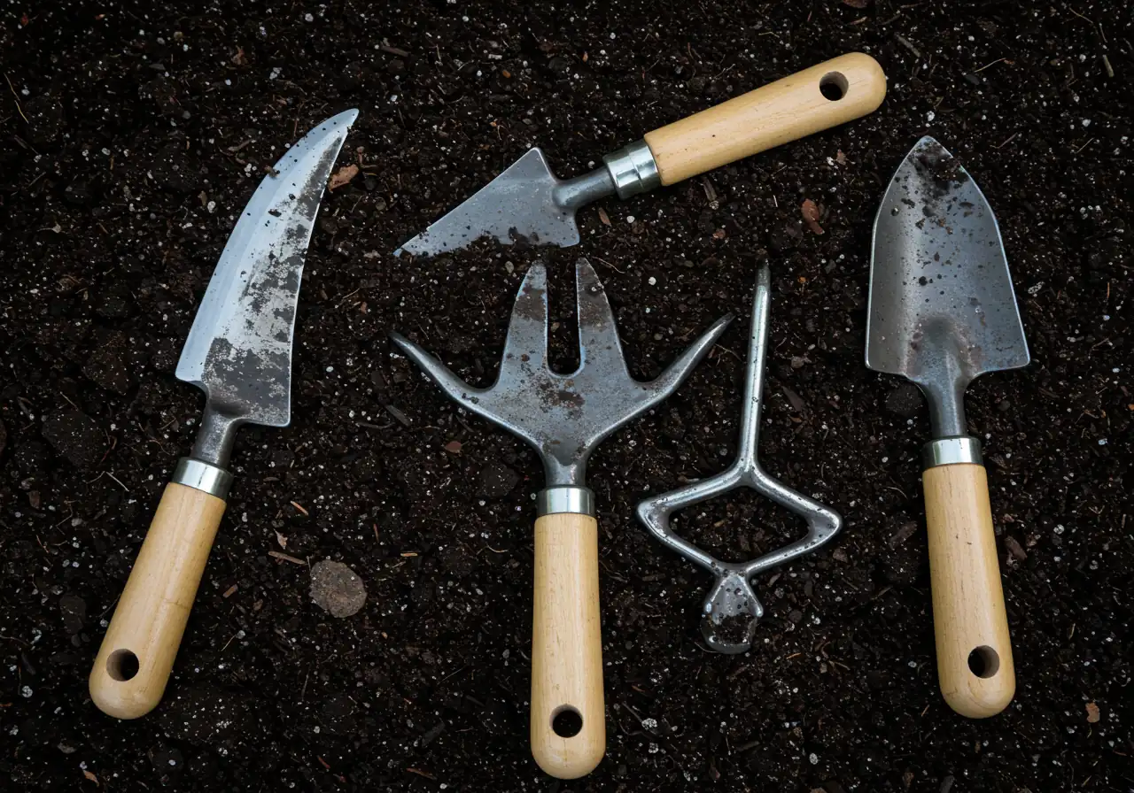 A visually appealing arrangement of several key hand weeding tools mentioned in the article (like a Hori-Hori knife, a narrow trowel, and a dandelion weeder/popper) laid out neatly on a surface representative of a garden workspace, such as rustic wood or slightly damp soil. The focus should be on the durable metal heads of the tools.