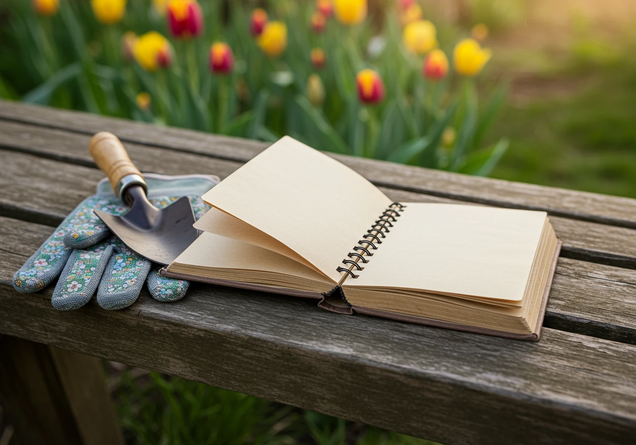 An inviting image showing the concept of a garden log in action without being overly complex. It features an open, slightly rustic notebook resting on a weathered wooden garden table or bench, perhaps next to clean gardening gloves and a trowel, suggesting planning and activity. Blurred spring garden background.