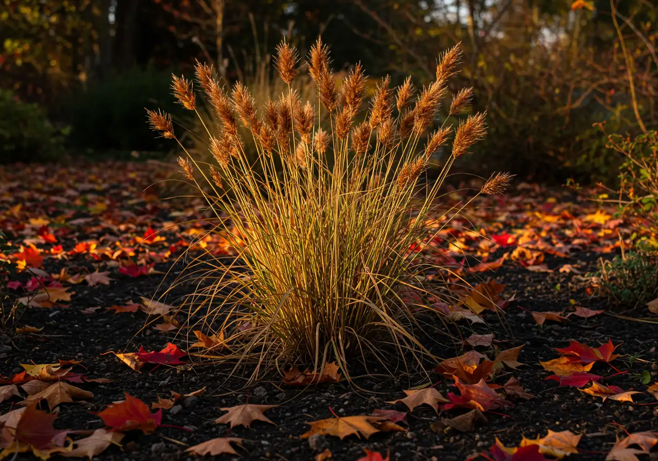 Captures the essence of fall garden preparation, showing both cleanup and leaving elements for winter interest. Features dried, brown seed heads of ornamental grasses or coneflowers standing tall amidst fallen colourful autumn leaves covering the garden bed.