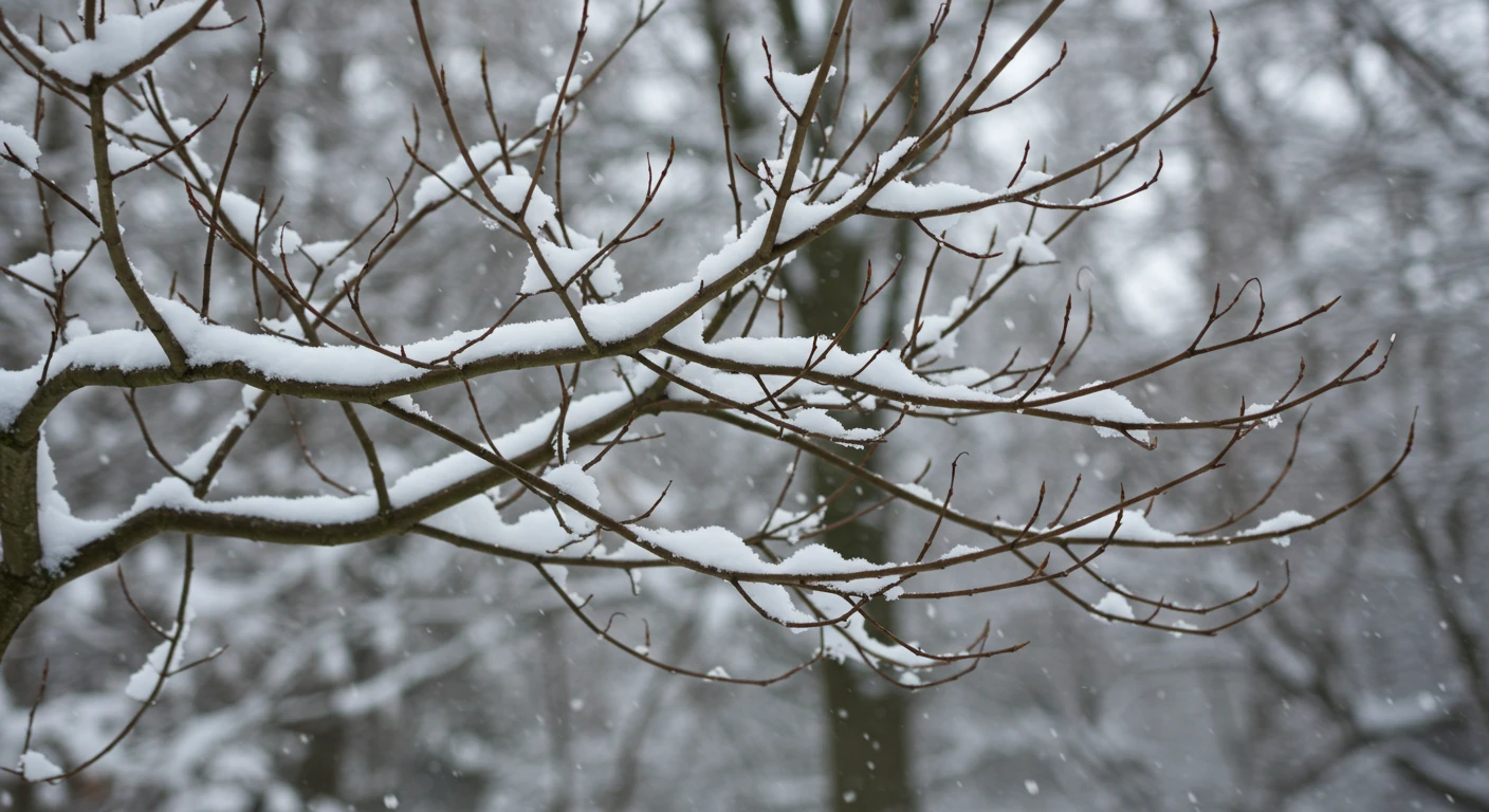 A clear, crisp image showcasing the bare branching structure ('winter bones') of a deciduous shrub or small tree lightly dusted with snow in a garden setting. The focus should be on the visible form and structure of the plant during its dormant state, conveying the concept mentioned in the introduction.