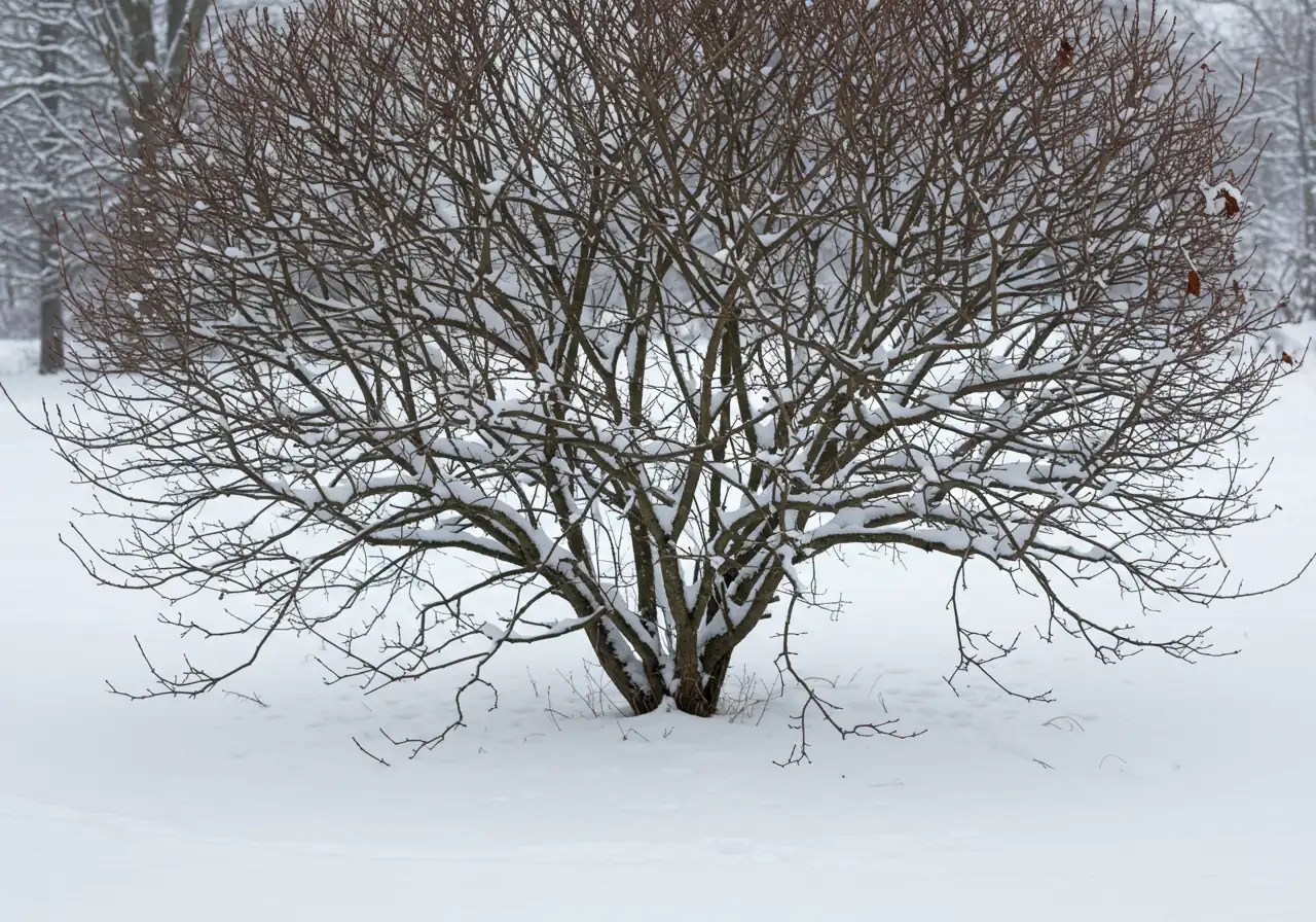 A clear photograph capturing the bare, complex structure of a dormant deciduous shrub in late winter. The absence of leaves starkly reveals crossing branches and the overall framework against a soft-focus, snowy background, visually demonstrating the benefit of pruning when the structure is easily visible.