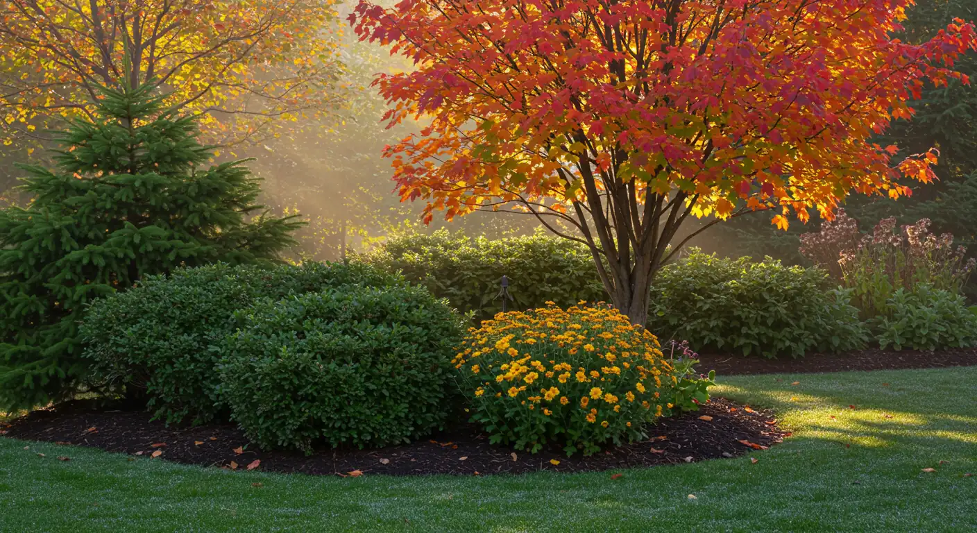 A visually appealing image capturing the essence of early fall in an Ottawa garden. Showcases a mix of still-green shrubs alongside trees just beginning to display vibrant autumn colors (reds, oranges, yellows). Include some fall-blooming flowers like chrysanthemums or asters. The lighting should suggest a crisp, clear autumn morning.