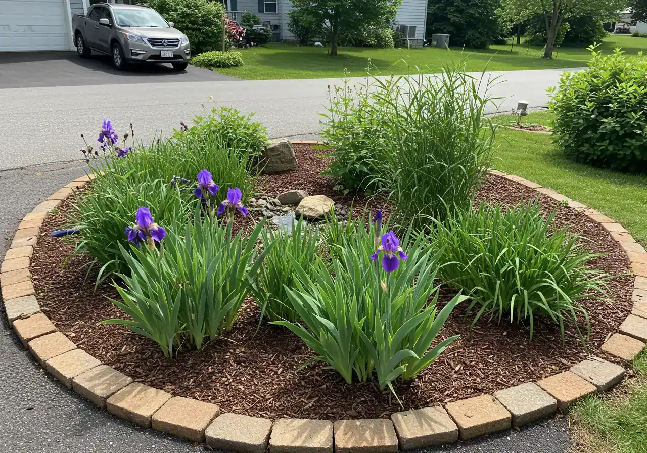 A visually appealing residential rain garden located in a shallow depression at the base of a gentle slope or near a downspout diverter. The garden should be planted with water-tolerant native plants like Siberian Iris, Joe Pye Weed, or grasses, appearing lush and thriving. Some decorative river stones or mulch could be visible, implying thoughtful water management design.
