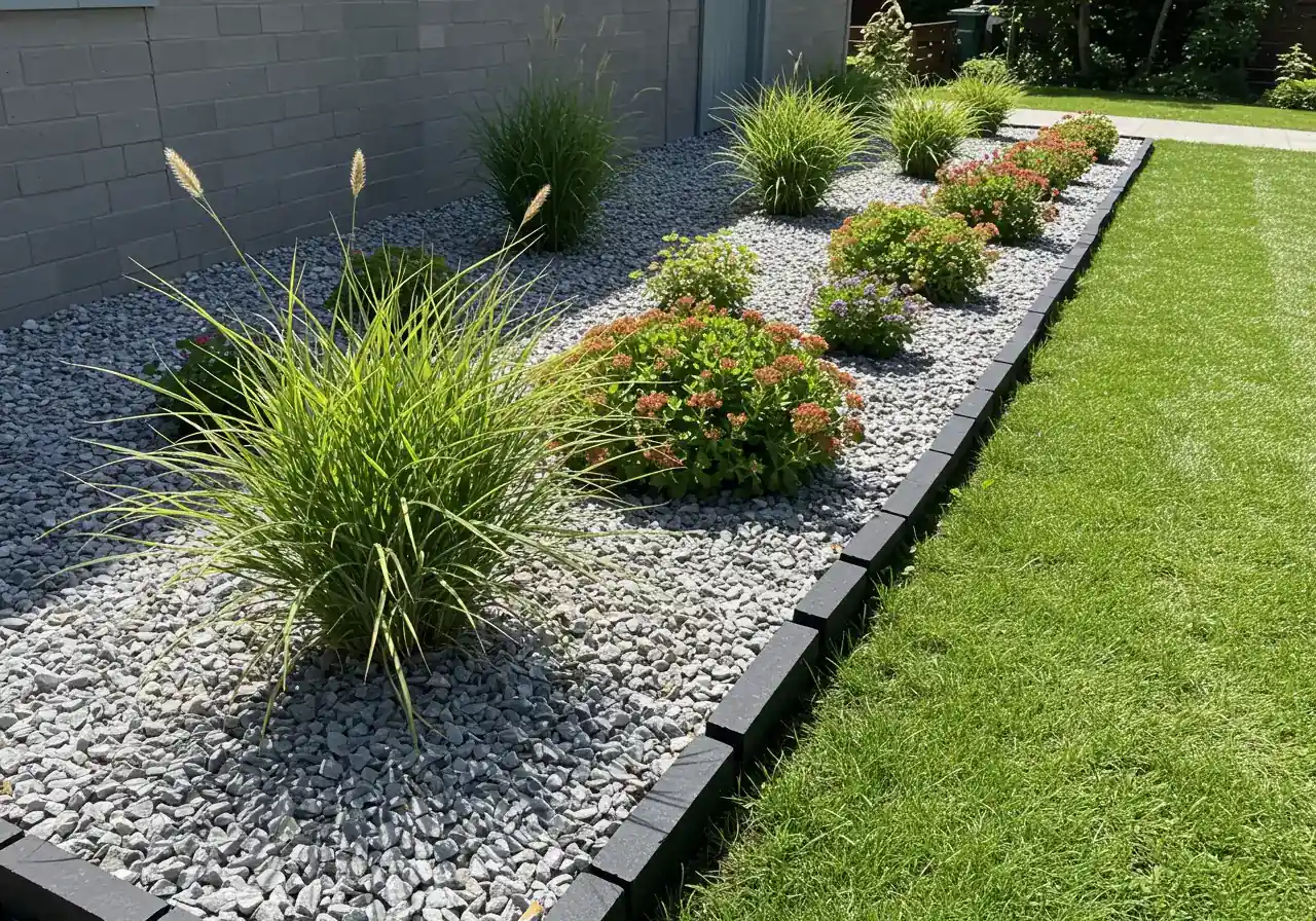 An appealing image of a finished garden bed using stone mulch effectively. It should show neat stone mulch (e.g., river rock), clean edging, and healthy, appropriate plants (like ornamental grasses or succulents) thriving in the setting against a backdrop of a well-maintained lawn or house foundation.