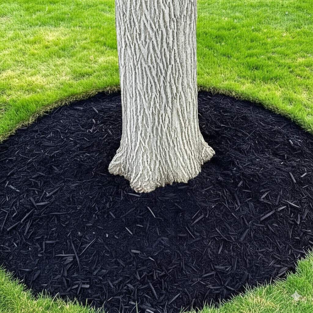 Tree base with a perfect ring of black mulch and a clean edge