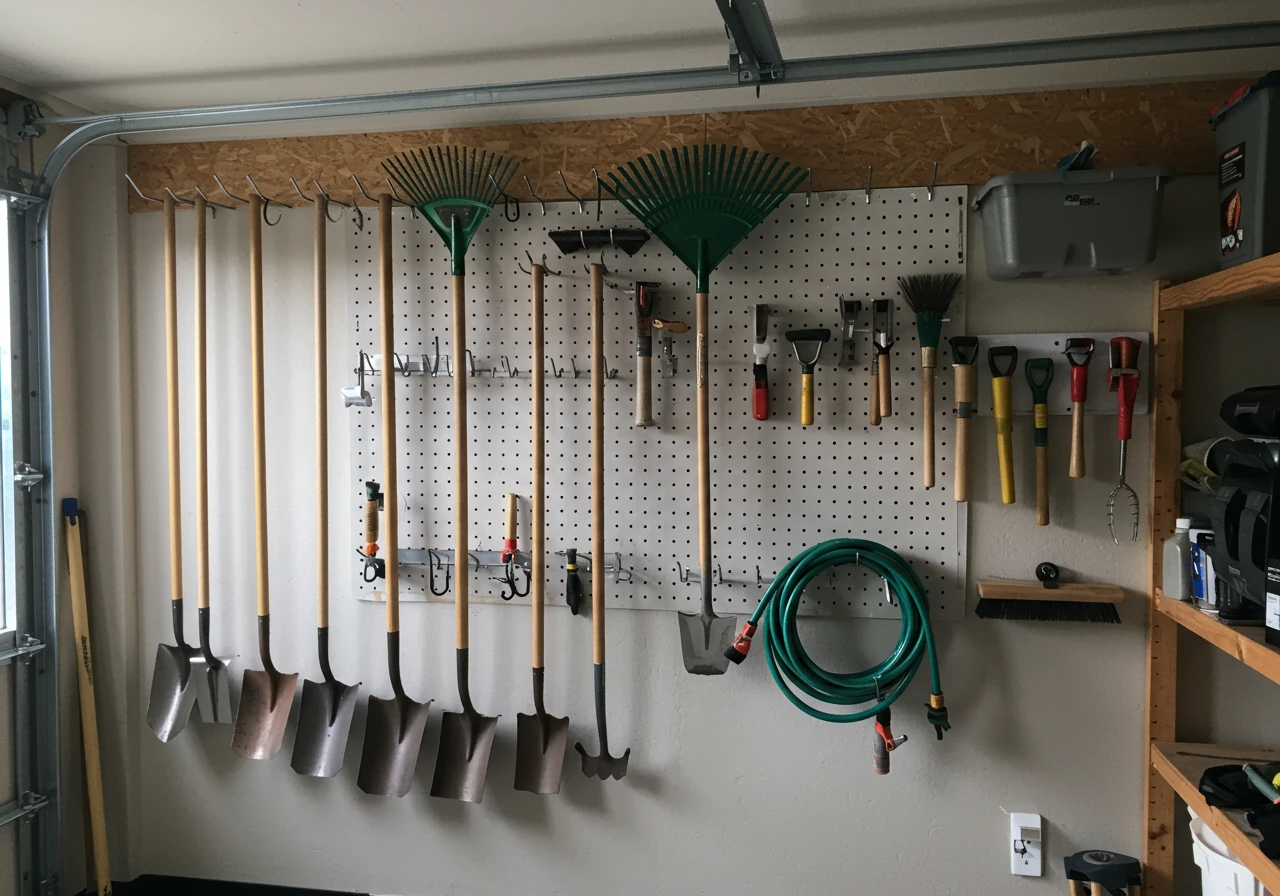 An interior view of a well-organized garage or shed wall dedicated to tool storage. Show long-handled tools like shovels and rakes hanging neatly on sturdy hooks, smaller hand tools organized on a pegboard or shelf, and a garden hose coiled loosely on a wall-mounted reel.
