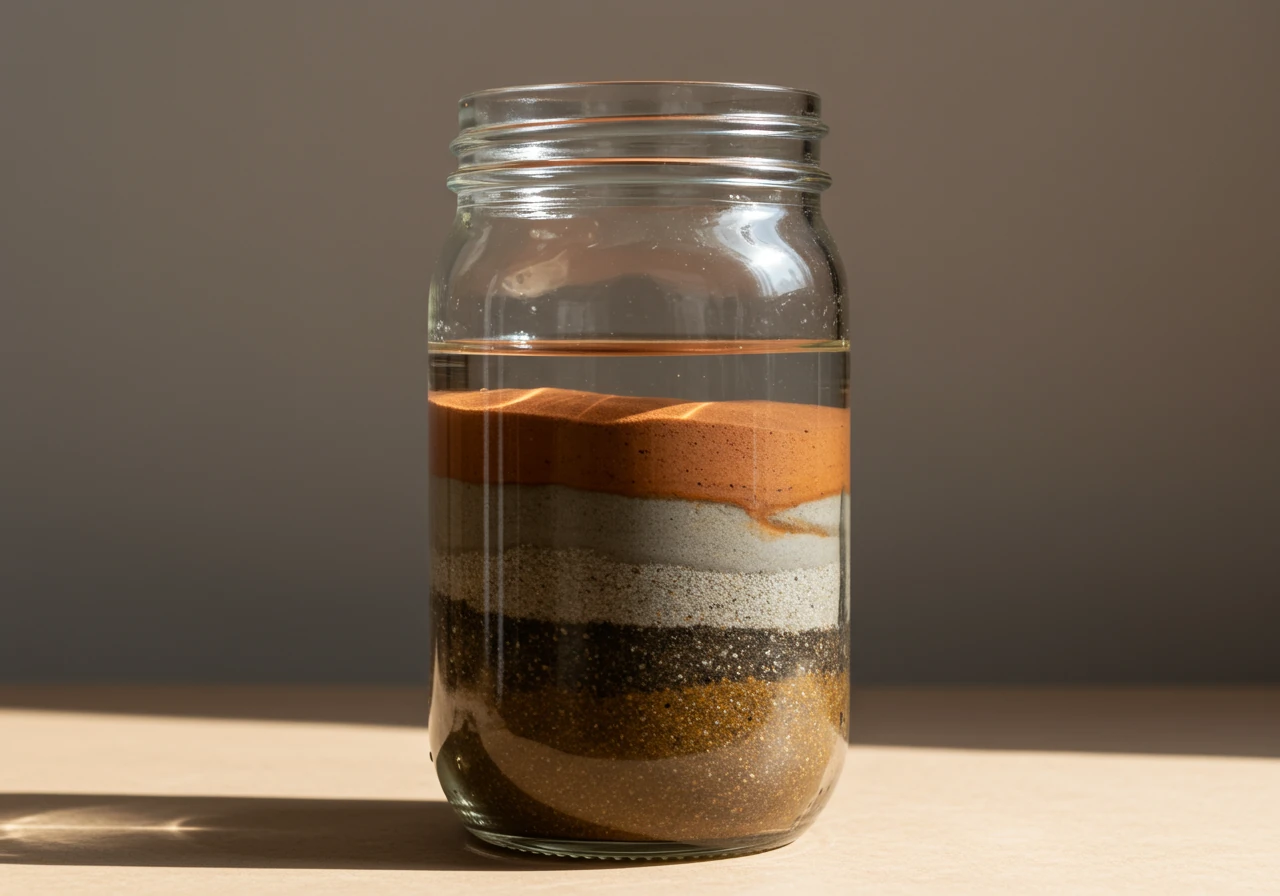 A clear glass mason jar showing the distinct layers resulting from a soil texture jar test. Heavy clay is visible as the thickest top layer of sediment beneath cloudy water, clearly illustrating the soil composition common in the Ottawa region.