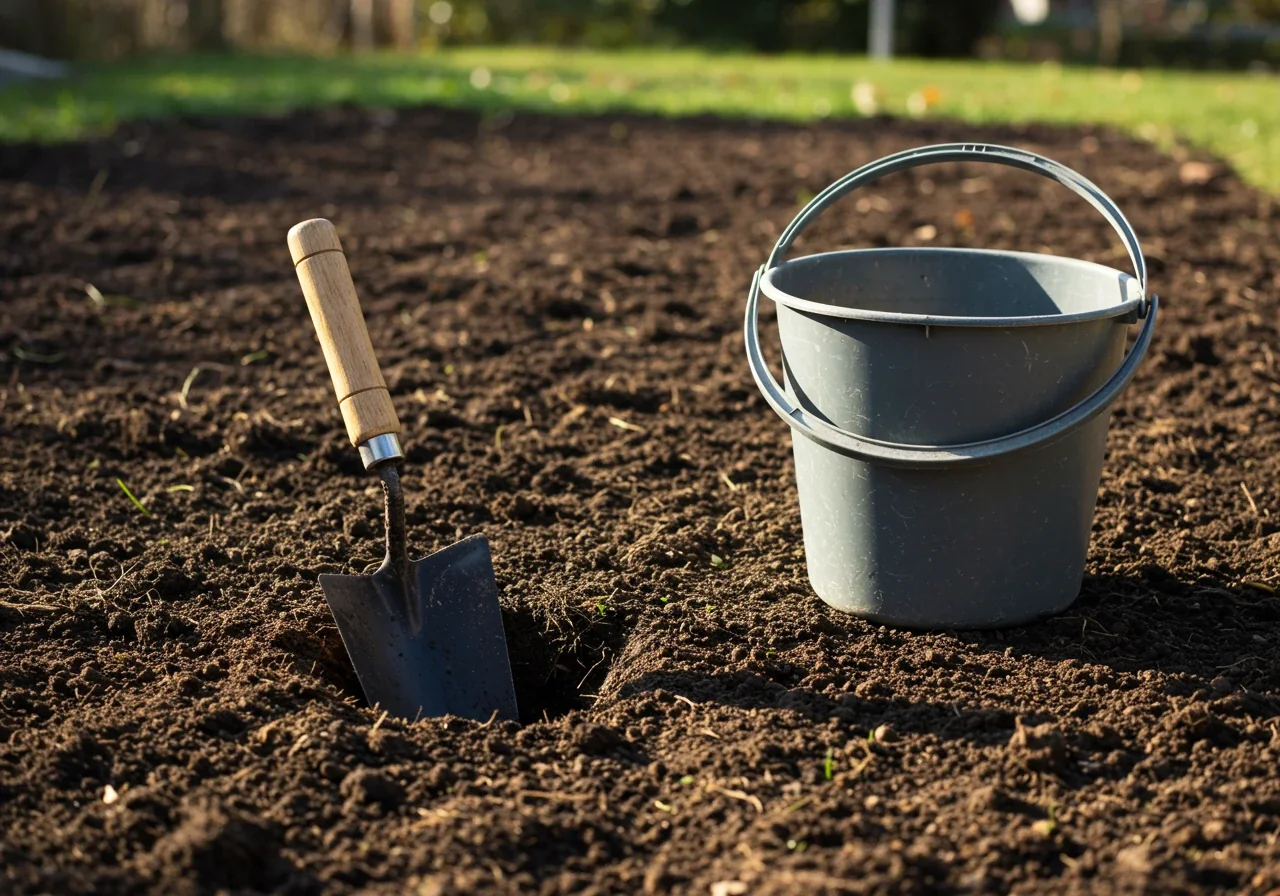 An image focusing on the tools needed for collecting a soil sample for lab testing. It should show a clean metal garden trowel and a clean, empty plastic bucket resting side-by-side on bare garden soil near a small, freshly dug hole. The lighting should suggest late autumn, emphasizing the timing.