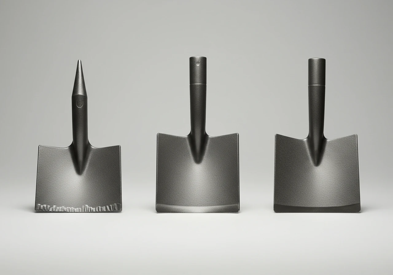 An illustrative image showing three distinct types of spade heads side-by-side against a neutral, clean background. One head should be a standard pointed 'powerhouse' shape, another slightly shorter and perhaps appearing heavier-duty, and the third a noticeably narrower 'border spade' head. This visually contrasts the different blade types discussed for various tasks.