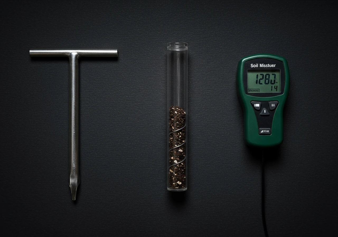 A clear, high-resolution photograph showcasing the three main types of soil testing tools discussed: a simple metal T-handle soil probe, a soil core sampler (corer) perhaps with a small amount of soil visible in its cutout, and a digital soil moisture meter with its probe end. The tools should be arranged neatly side-by-side on a clean, neutral background like weathered wood planks or dark garden soil, possibly with a few scattered green leaves for context. The focus is sharply on the tools themselves, highlighting their distinct forms and textures.