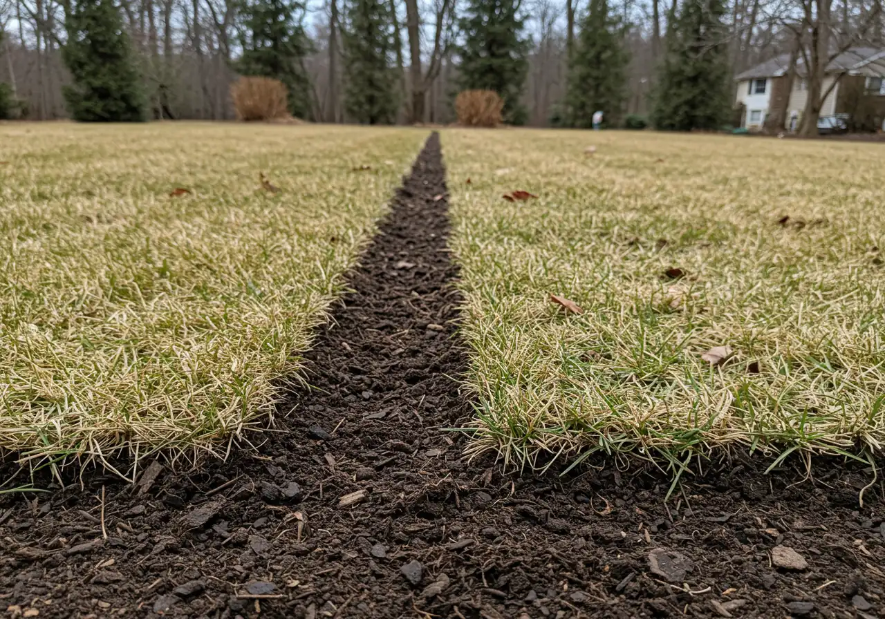 A visually appealing image showcasing the immediate impact of edging. It should feature a sharp, clean edge cut between a section of lawn (can still show some winter dormancy) and a dark, prepared garden bed (perhaps with some compost visible). The focus is on the crisp line created by the edger.