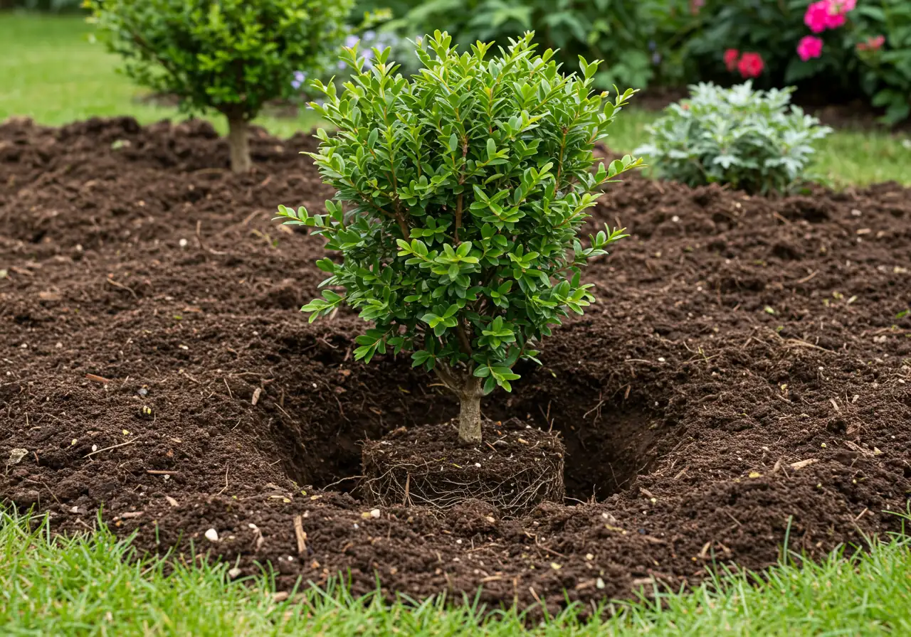 An illustrative photograph demonstrating the correct planting depth for a shrub to prevent root rot. The image shows the root ball of a small boxwood shrub being placed in a wide planting hole filled with amended soil (visibly mixed with compost), with the top surface of the root ball sitting clearly 1-2 inches above the surrounding prepared soil grade.