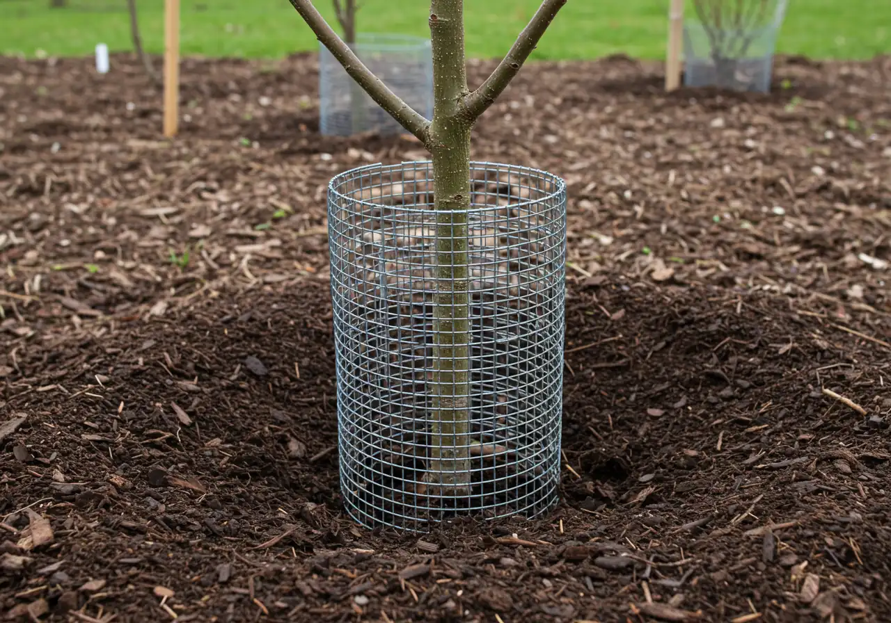 A photograph demonstrating a key preventative measure: a correctly installed hardware cloth (wire mesh) cylinder around the base of a vulnerable young tree, buried slightly into the ground.