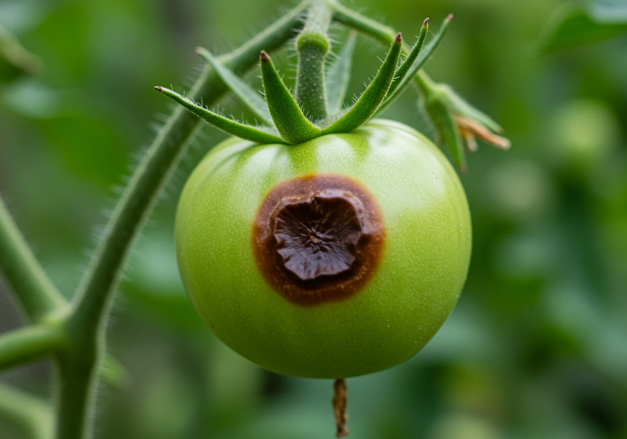 A high-resolution, close-up image showing the bottom end of a developing green tomato fruit with a clearly defined, dark brown to black, sunken, leathery patch characteristic of blossom-end rot. The rest of the tomato should look healthy. The background should be out-of-focus green leaves and possibly other tomatoes on the vine.