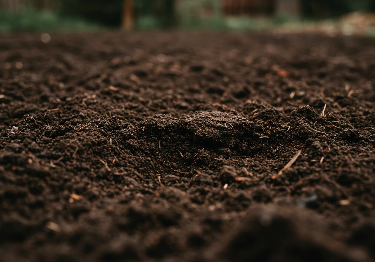 A close-up, ground-level shot showcasing rich, dark, healthy garden soil. The texture should appear crumbly and moist, perhaps with visible pieces of organic compost mixed in, illustrating the result of soil testing and amendment mentioned in points 1 and 2.