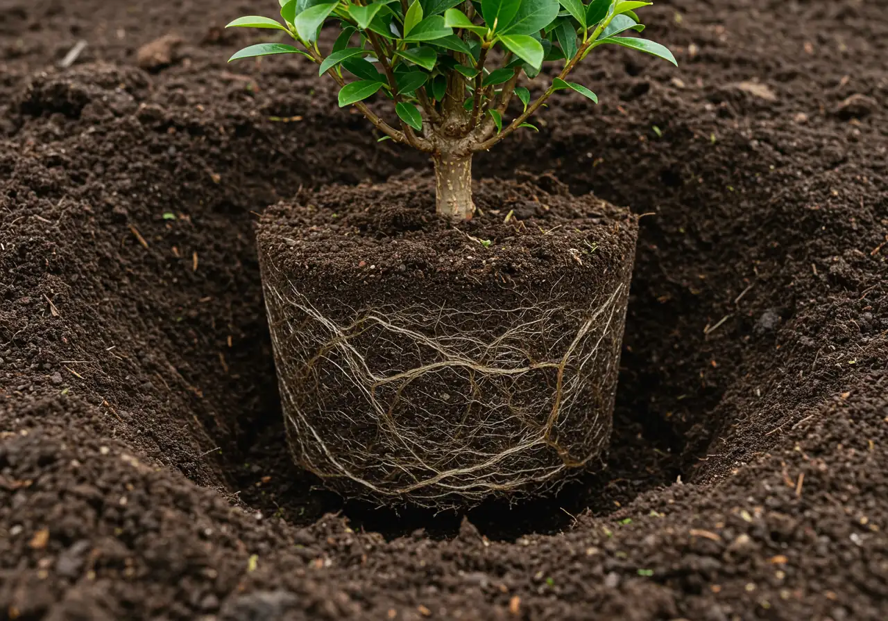 A clear, ground-level close-up illustrating the correct planting depth for a new shrub. The image should show the top of the shrub's root ball sitting perfectly level with the surrounding garden soil surface in a freshly dug hole filled with dark, amended soil. Focus on the alignment of soil levels.