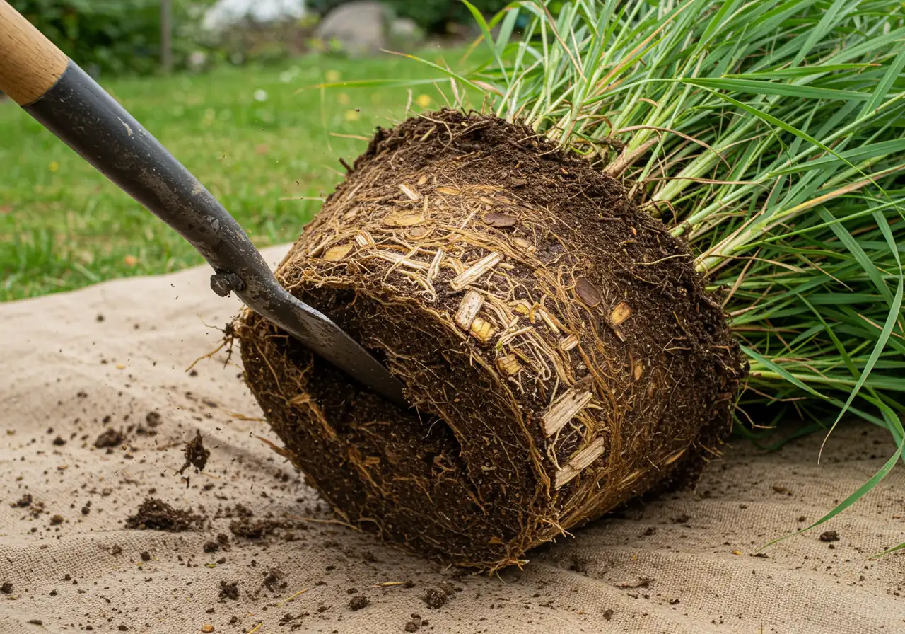 A close-up action shot demonstrating Step 4 (The Great Divide). Focus on the cutting tool (spade or knife) actively slicing through the dense root ball of an excavated ornamental grass clump laid on its side. Highlight the texture of the roots and the separation of a healthy outer section from the woody center. No hands or feet should be visible, keeping the focus purely on the plant and tool.