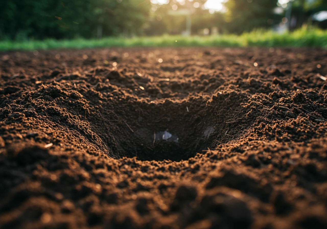A detailed, low-angle close-up photograph focusing on the texture of rich, dark, healthy garden soil that has been amended with compost, ready for planting. A perfectly sized planting hole is visible, emphasizing proper preparation. The image highlights the crumbly, fertile structure ideal for root growth, illustrating the result of professional soil preparation without showing any tools or people.