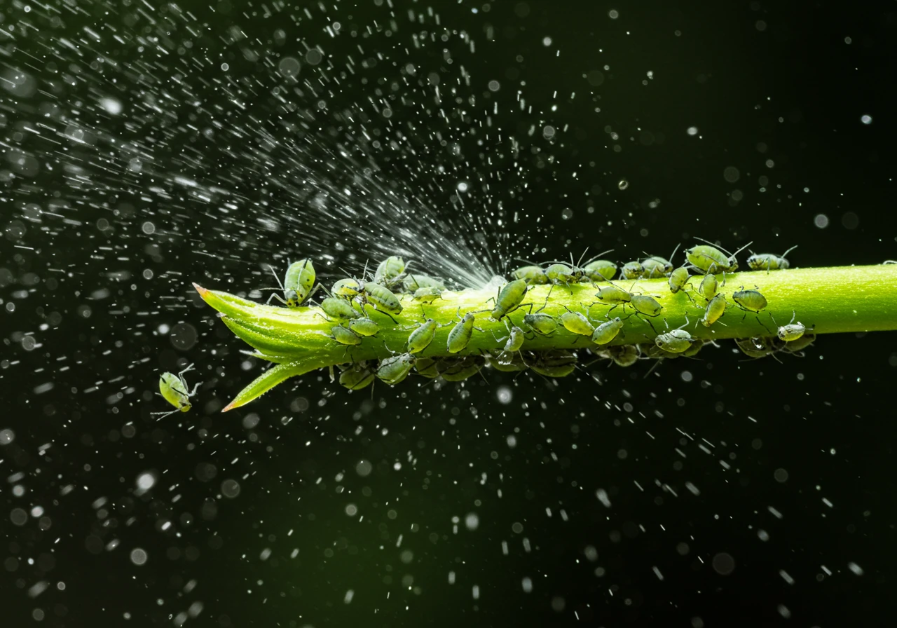 A close-up action shot capturing fine water droplets from an unseen spray source hitting a plant stem infested with a small cluster of green aphids. The water appears dynamic, dislodging some aphids, illustrating the physical control method of using a water spray.