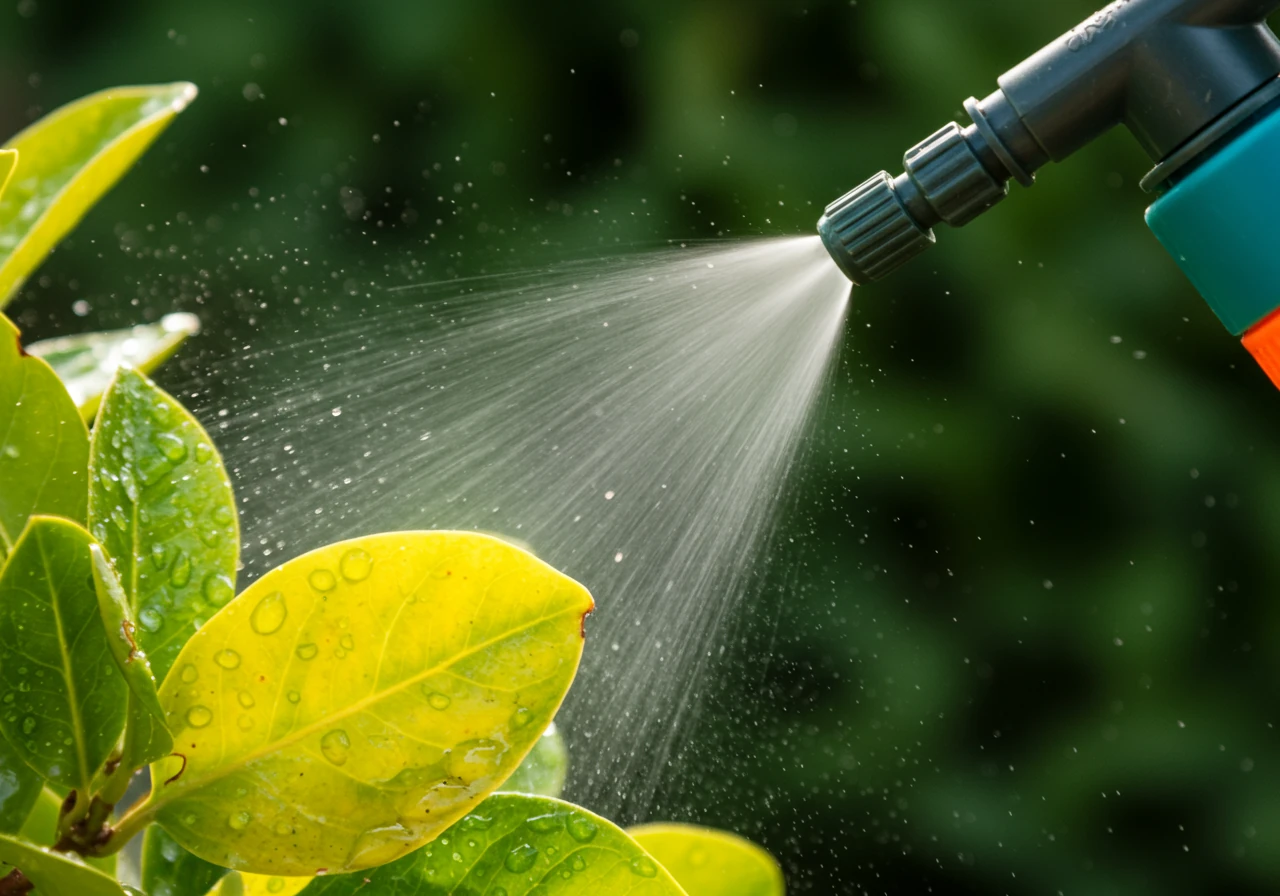 A focused photograph showing a fine mist being sprayed from the nozzle of a garden sprayer onto plant leaves that show mild yellowing. Tiny water droplets should be visible clinging to the leaf surfaces. The sprayer nozzle should be visible, but no hands or people. The background is softly blurred green foliage, suggesting a garden setting.