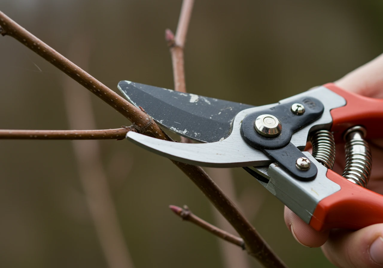 An image depicting a close-up of secateurs (hand pruners) making a clean, angled cut on a medium-sized shrub branch, just above a visible bud. This illustrates the act of pruning discussed in several FAQ answers, particularly regarding how much to cut or dealing with specific plants like hydrangeas.