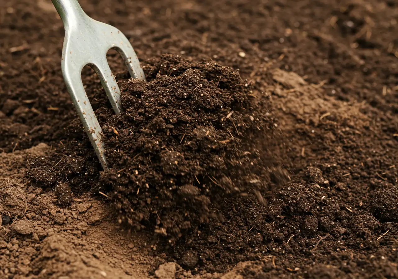 A close-up image illustrating the process of soil amendment, showing dark, rich compost being mixed into lighter-colored, dense clay soil with the tines of a garden fork.