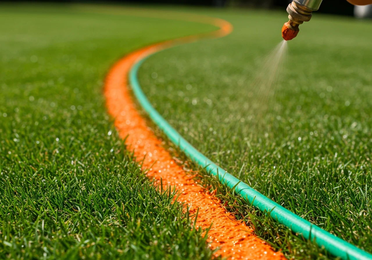 A close-up, ground-level action shot focusing on a bright orange line of landscape marking paint being sprayed from an unseen can onto green grass. The paint line precisely follows the gentle curve of a standard garden hose laid out on the lawn as a guide. Focus is sharp on the freshly sprayed paint and grass blades, suggesting the marking process in action.