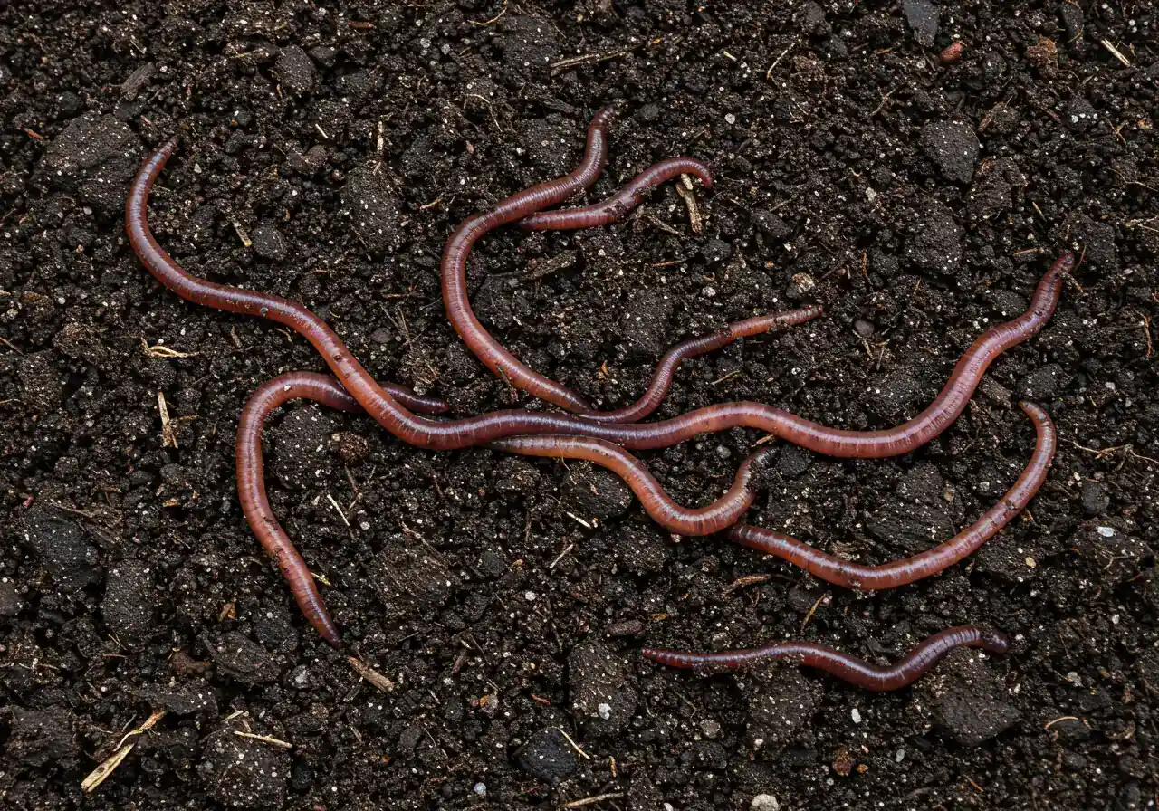 A close-up, slightly angled overhead photograph looking into a small patch of healthy garden soil that has been lightly disturbed (e.g., by a trowel). The soil should appear dark, moist, and have a good crumbly structure. Several earthworms should be clearly visible on the surface and slightly burrowing, indicating soil health.