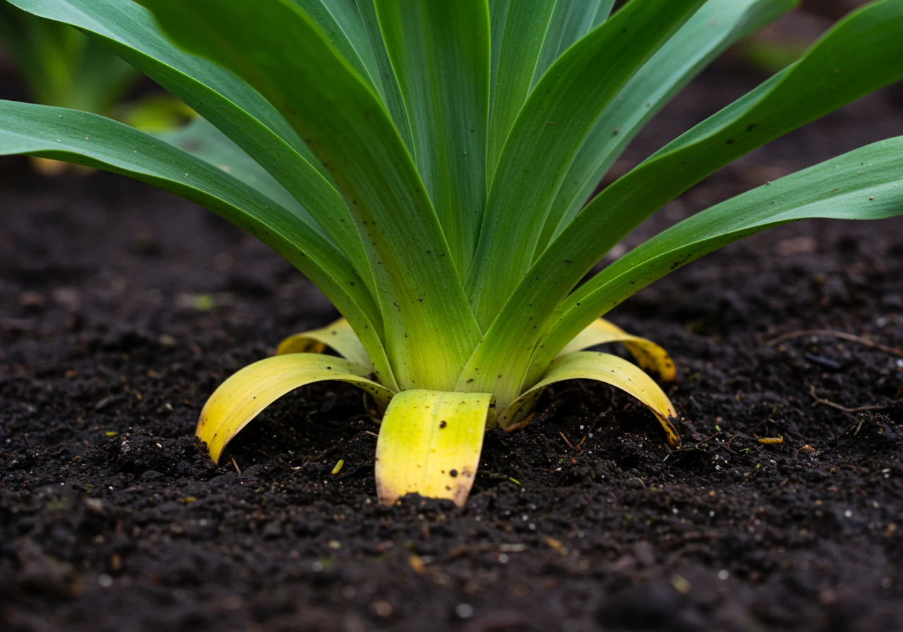 A close-up photograph clearly showing the lower leaves of a garden perennial turning yellow and slightly wilted, while the soil surface at the base of the plant appears dark, saturated, and overly wet.
