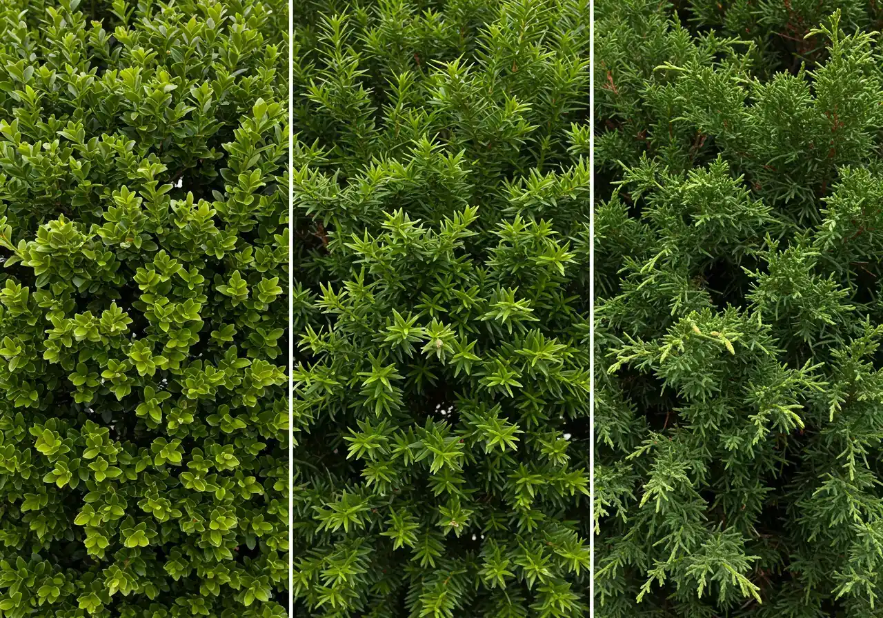 A close-up comparison image showing the distinct textures and foliage of the recommended hardy shrubs. Perhaps visually divide the frame to show a healthy Boxwood, a Yew branch with its needles, and a Juniper sprig side-by-side, clearly illustrating their suitability for shaping. Focus on the plant details.