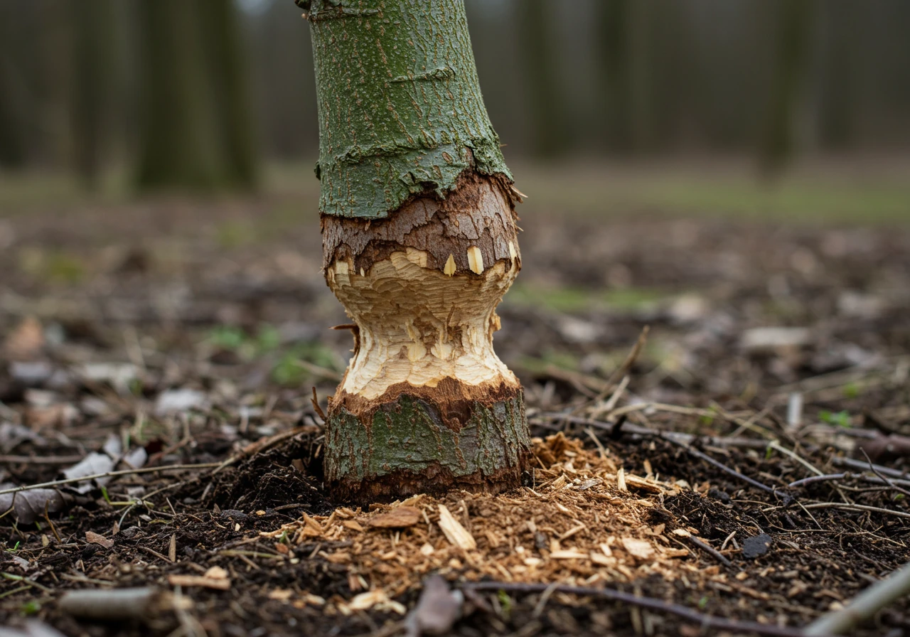 A close-up photograph focusing on the base of a young tree or shrub trunk, clearly showing the characteristic gnaw marks and bark removal (girdling) caused by voles near the soil line. This illustrates severe potential damage.