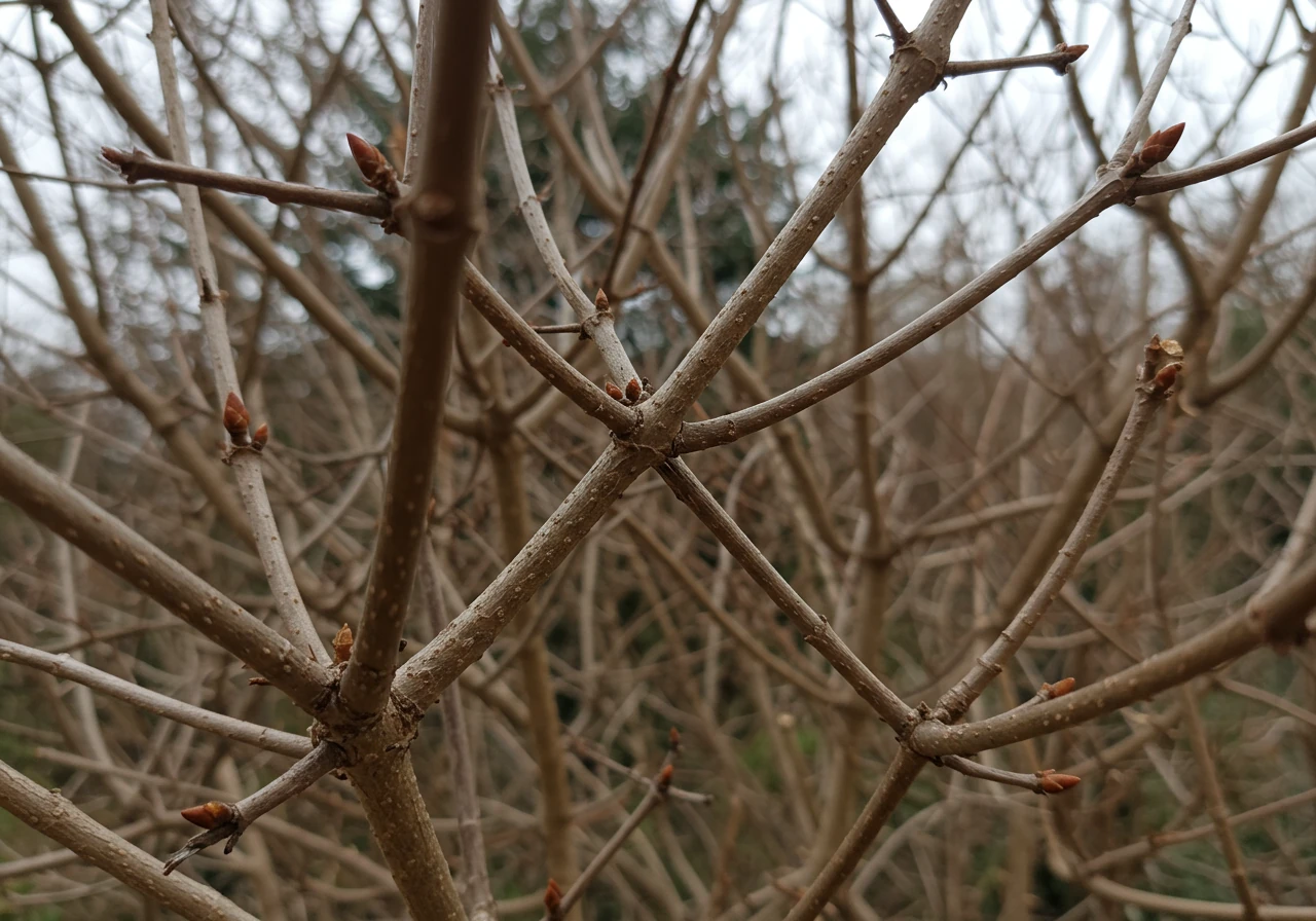 A close-up, detailed photograph looking through the leafless branches of a dormant shrub, clearly showing problematic crossed or rubbing branches. This visually demonstrates the benefit of having a 'Crystal Clear View' for identifying issues without foliage obstruction.