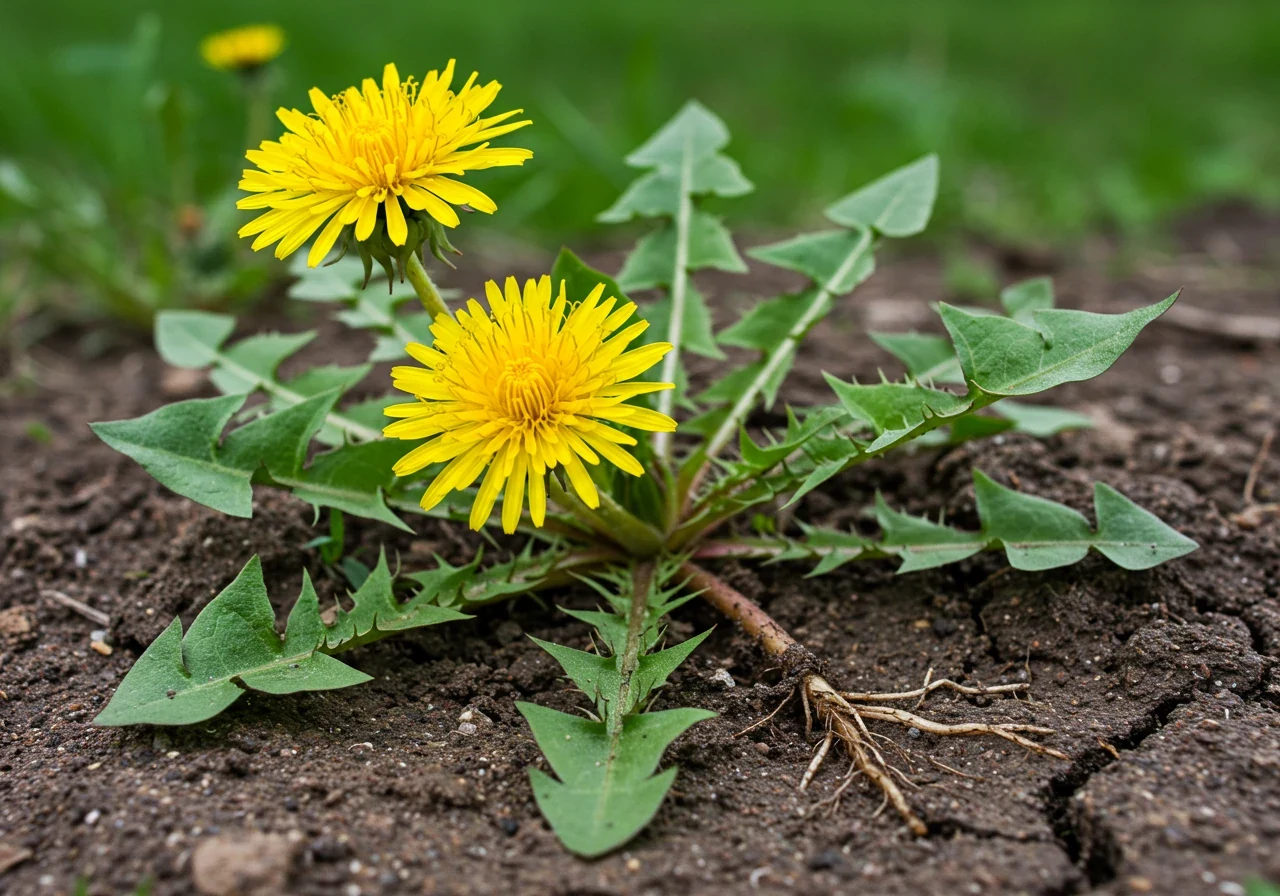 A clear, close-up image of a single common indicator plant, like a dandelion, growing robustly in compacted clay soil. This helps readers visually identify the 'tattletales' mentioned.