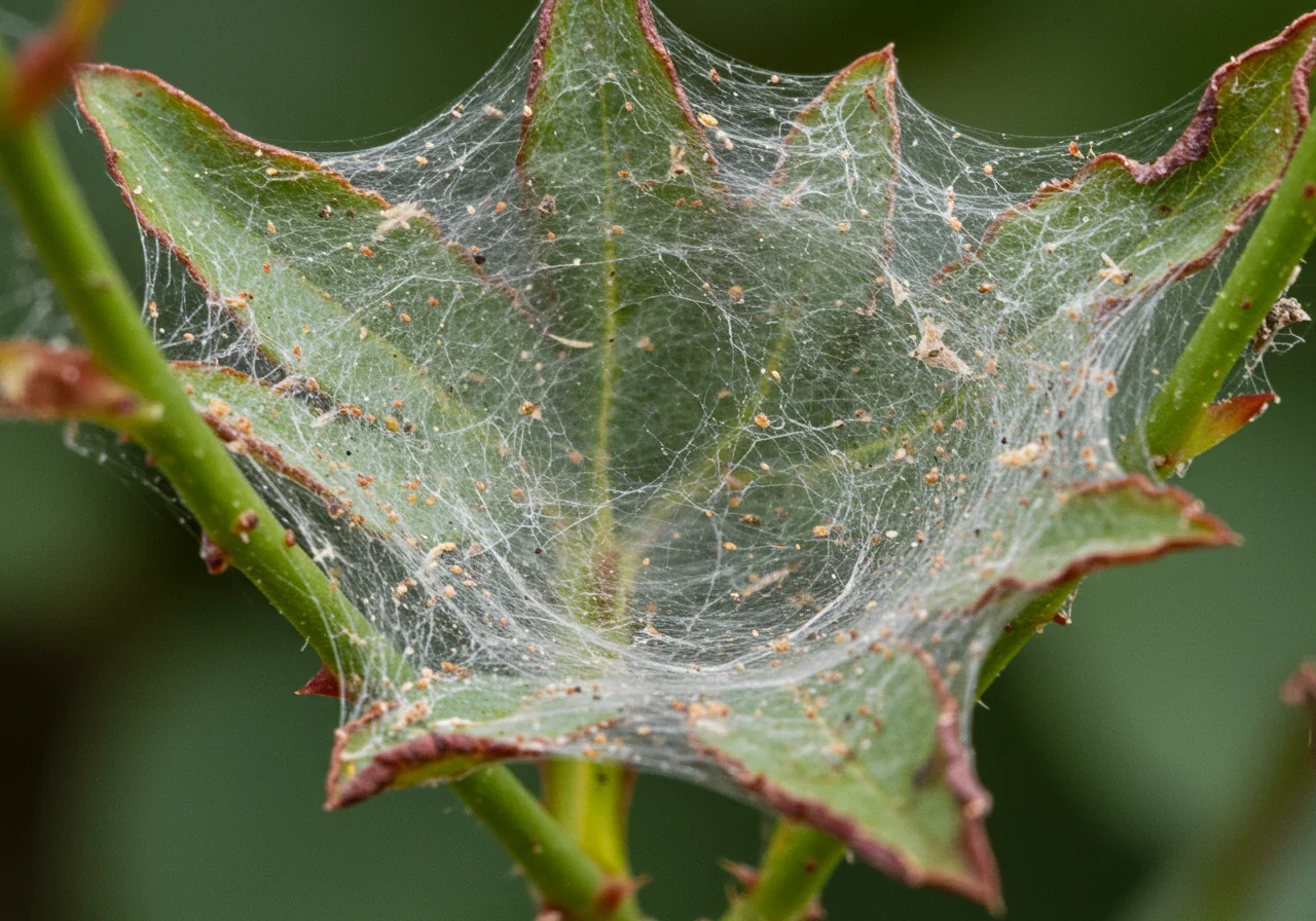 A detailed close-up photograph focusing on dense, fine webbing created by a severe spider mite infestation. The webbing should be clearly visible blanketing parts of a plant, such as the needles of a dwarf Alberta spruce or the leaves and stems of a flowering annual. The intricate, silky strands might catch the light or contain tiny trapped particles (representing mites/debris), and the underlying foliage should appear dull, possibly yellowish or bronzed.