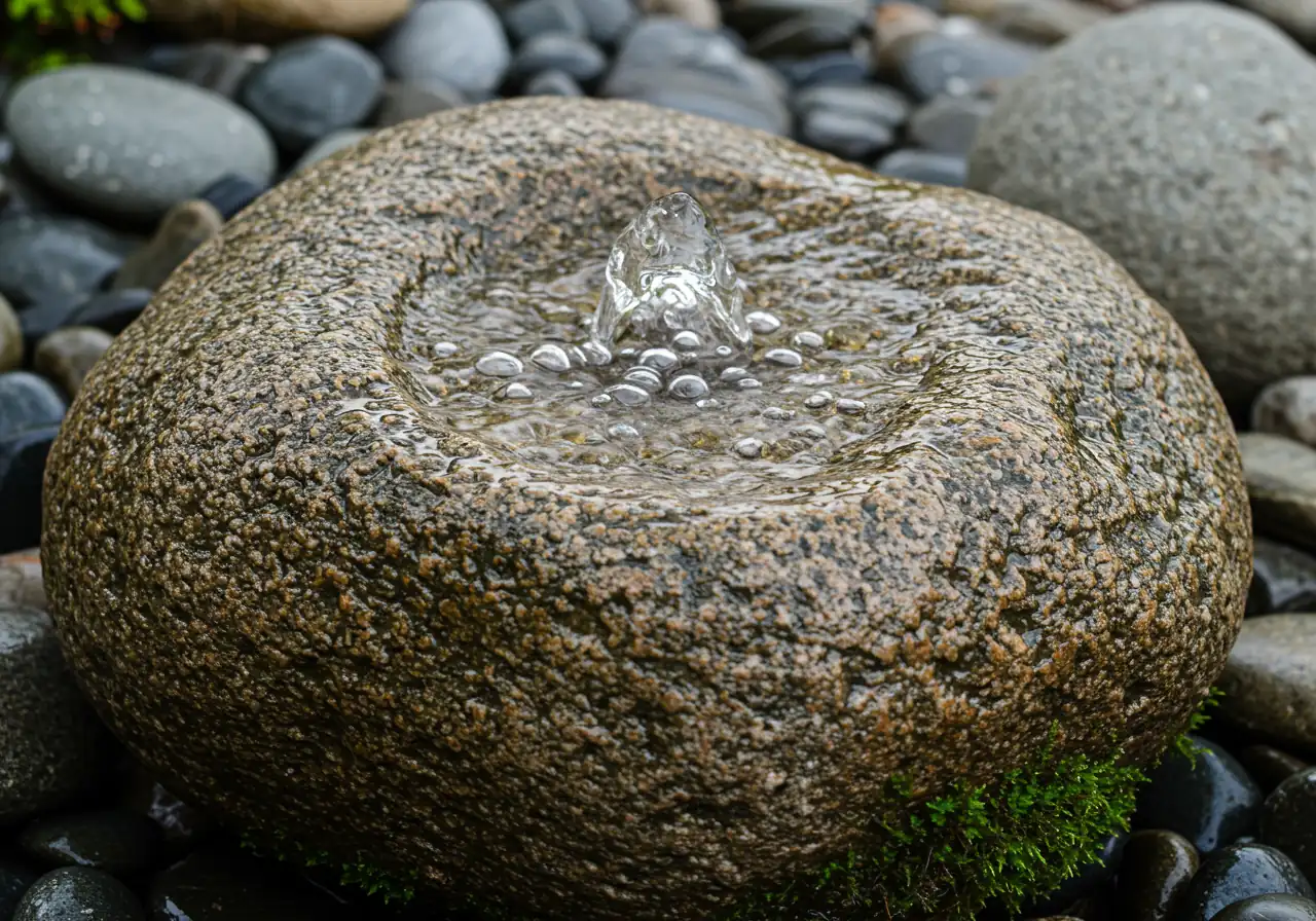 A close-up, appealing image of a simple, elegant bubbling rock fountain. Water gently emerges from the top of a natural, wet-looking boulder, surrounded by smooth, dark river stones. Hints of green moss or small moisture-loving plants could be visible at the base. The focus is on the refreshing water movement and natural textures.