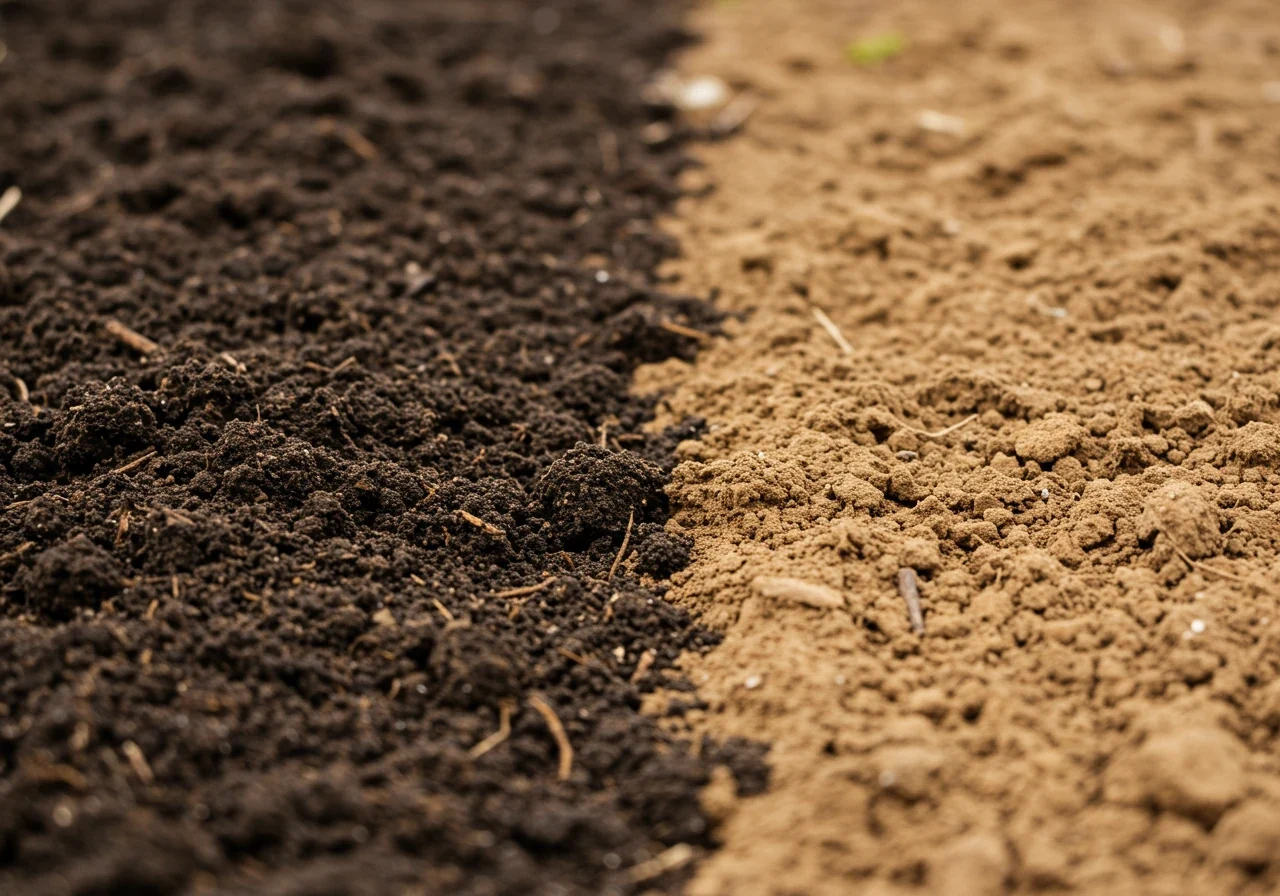 A close-up, textured photograph focusing on rich, dark, amended soil in a garden bed. The soil looks crumbly and full of organic matter (visible bits of compost or leaf mold). This contrasts sharply with a section of adjacent, unamended heavy clay soil, which appears dense, lighter in colour, and possibly cracked if dry. A few small, healthy green plant shoots could be emerging from the dark amended soil.