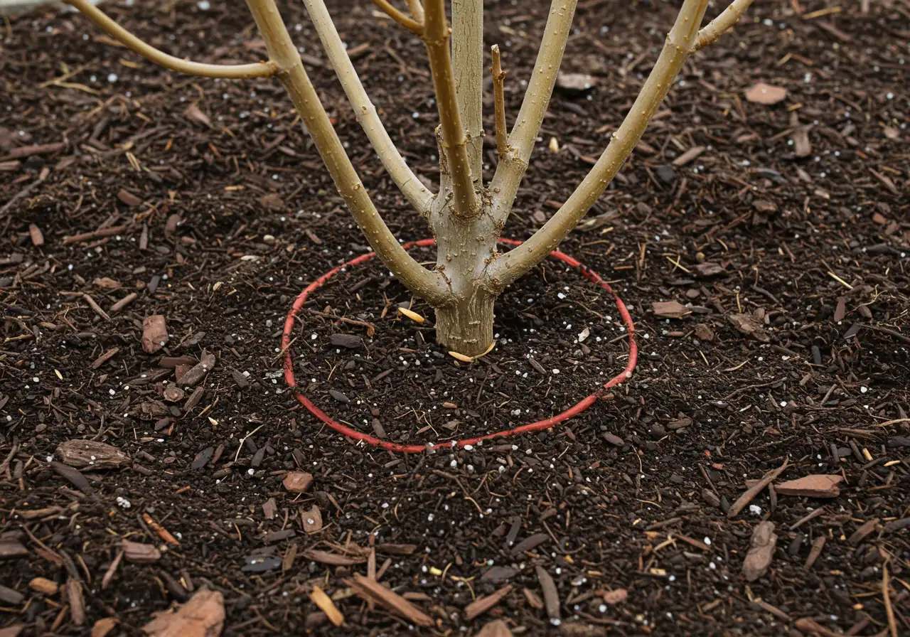 A close-up shot illustrating proper mulching technique around the base of a pruned lilac (stumps from hard pruning or remaining stems from gradual renewal visible). The image clearly shows a 2-3 inch layer of organic mulch (like shredded bark or compost) applied around the plant, with a distinct mulch-free circle or gap of a few inches immediately surrounding the base of the stems/stumps to prevent rot and allow airflow.
