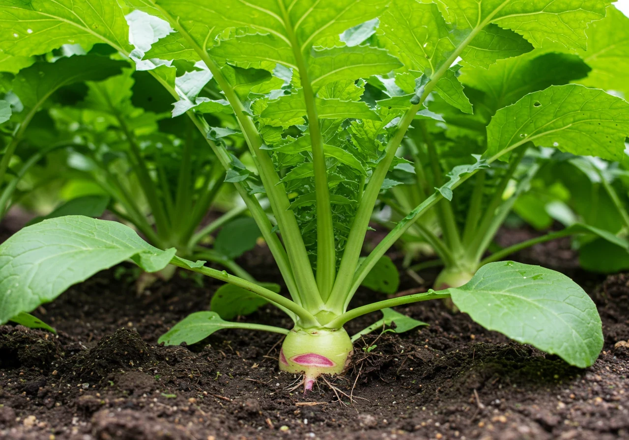 A clear, close-up photograph focusing on one of the recommended cover crops, such as Tillage Radish, growing vigorously. Show the leafy green tops flourishing, subtly suggesting the strong root growth happening beneath the surface in the clay soil.