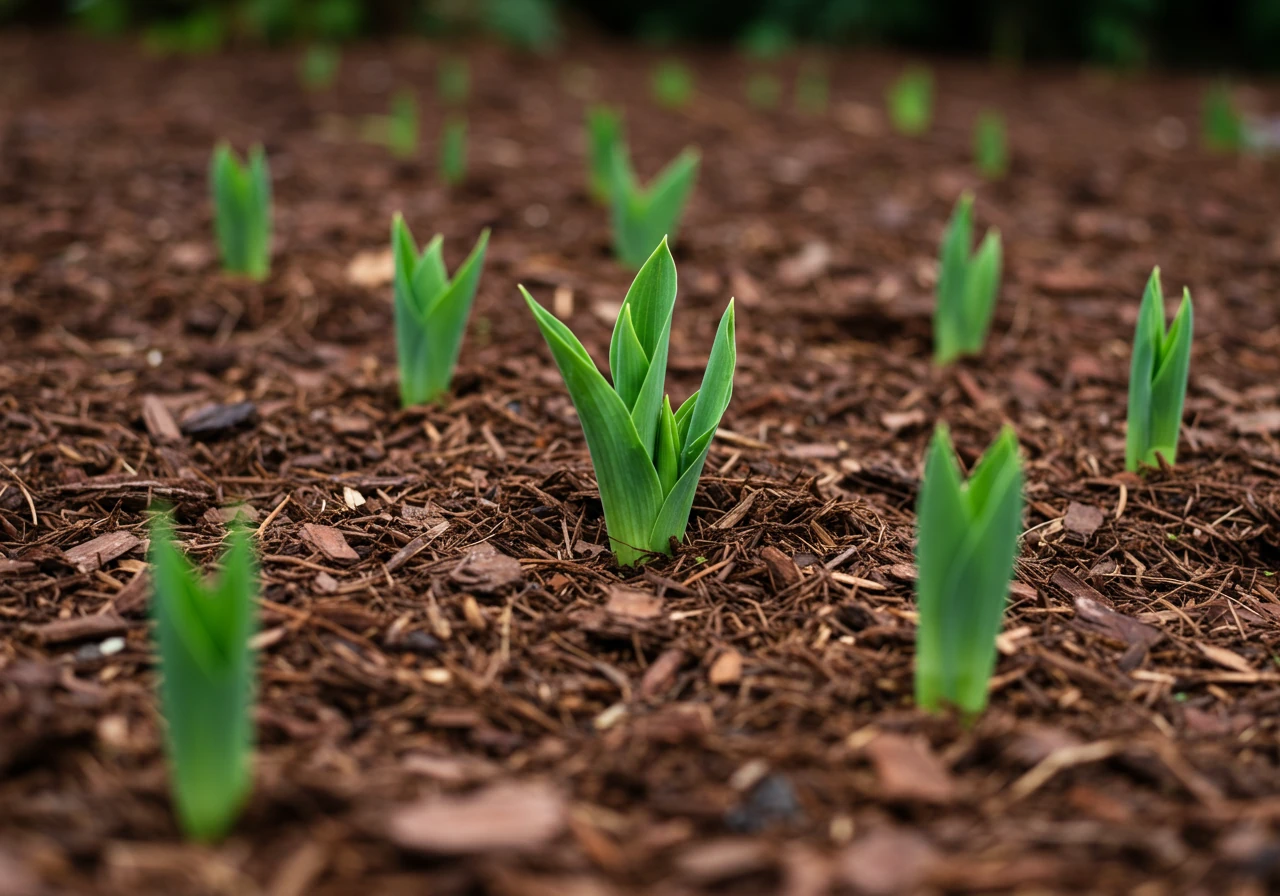 A close-up view of newly planted perennial divisions correctly mulched for winter protection. Show small plant crowns emerging from a layer of shredded bark or straw mulch, with the mulch pulled back slightly from the base of the plants to prevent rot.