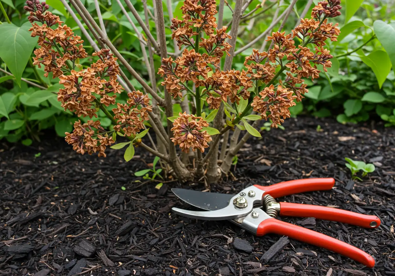 An image depicting the end of the blooming cycle for a spring shrub. Show faded flowers (e.g., browning lilac or fallen forsythia petals) on the plant. Nearby, perhaps resting cleanly on mulch at the base of the shrub, lie a pair of sharp bypass pruners, visually representing the correct time for pruning immediately after flowering.