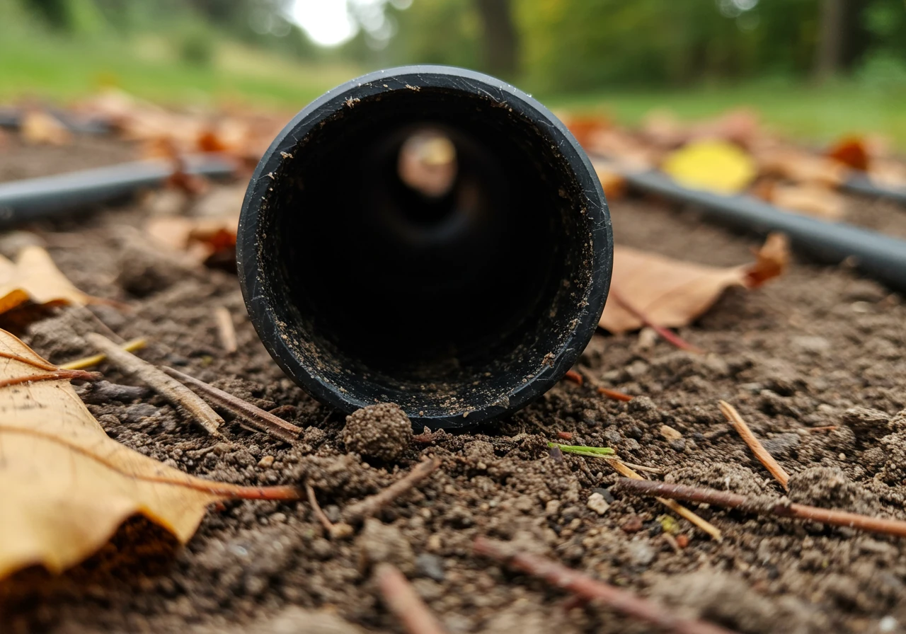 An image showing various types of fall debris (leaves, twigs, soil particles) scattered near the opening of a drip irrigation line lying on the ground, illustrating how debris enters the system.