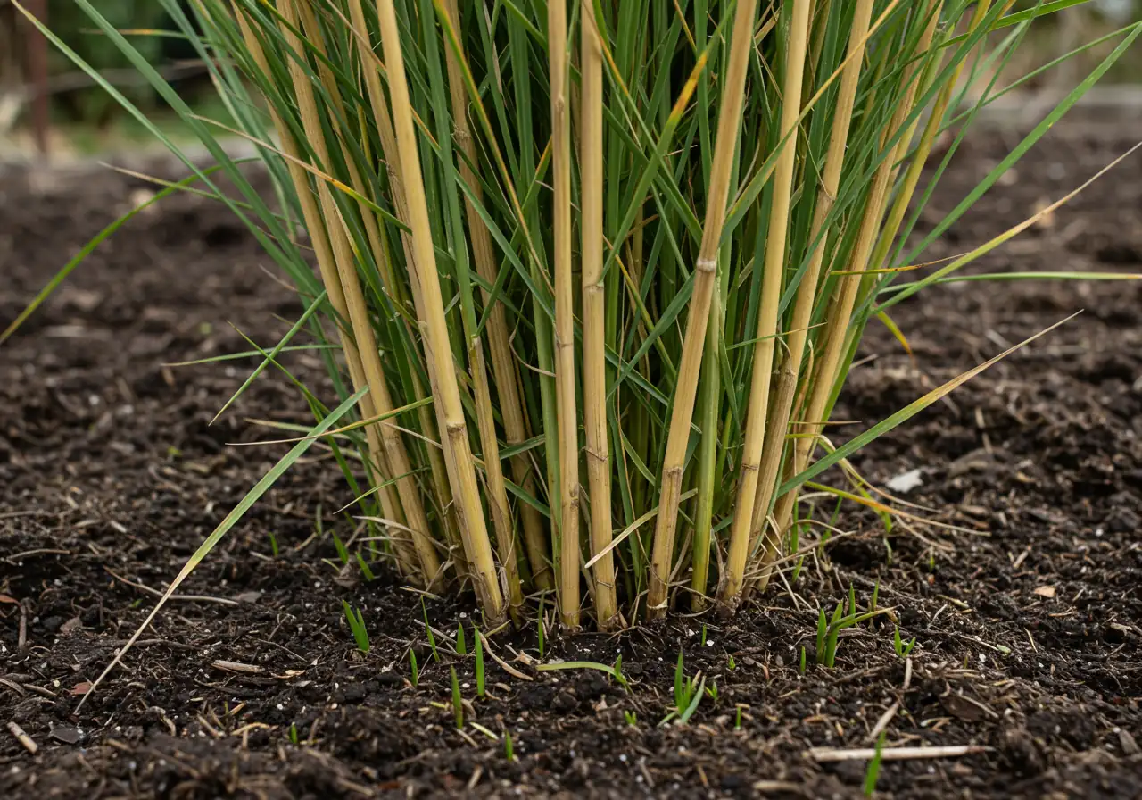 An image showing the result of proper pruning height. This should be a close-up view of the base of an ornamental grass clump *after* being pruned in spring, clearly showing the cut stalks at a consistent height (around 3-6 inches) above the ground, with the tiny new green shoots visible just below the cut line at the crown.