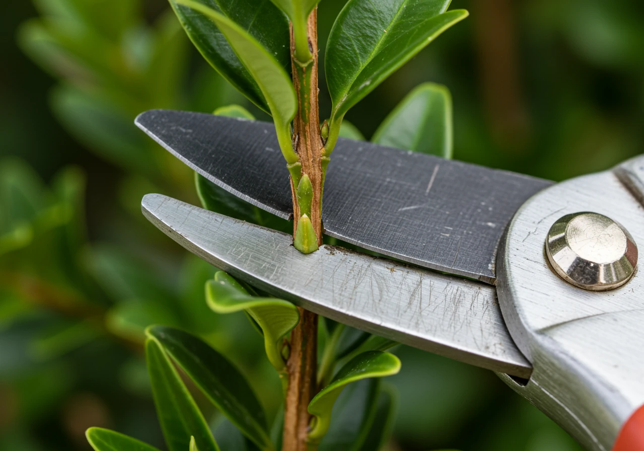 A detailed close-up focusing on the blades of clean bypass pruners making a precise, angled cut on a green boxwood stem, positioned correctly just above a visible leaf node. This illustrates the specific cutting technique described in Step 3.