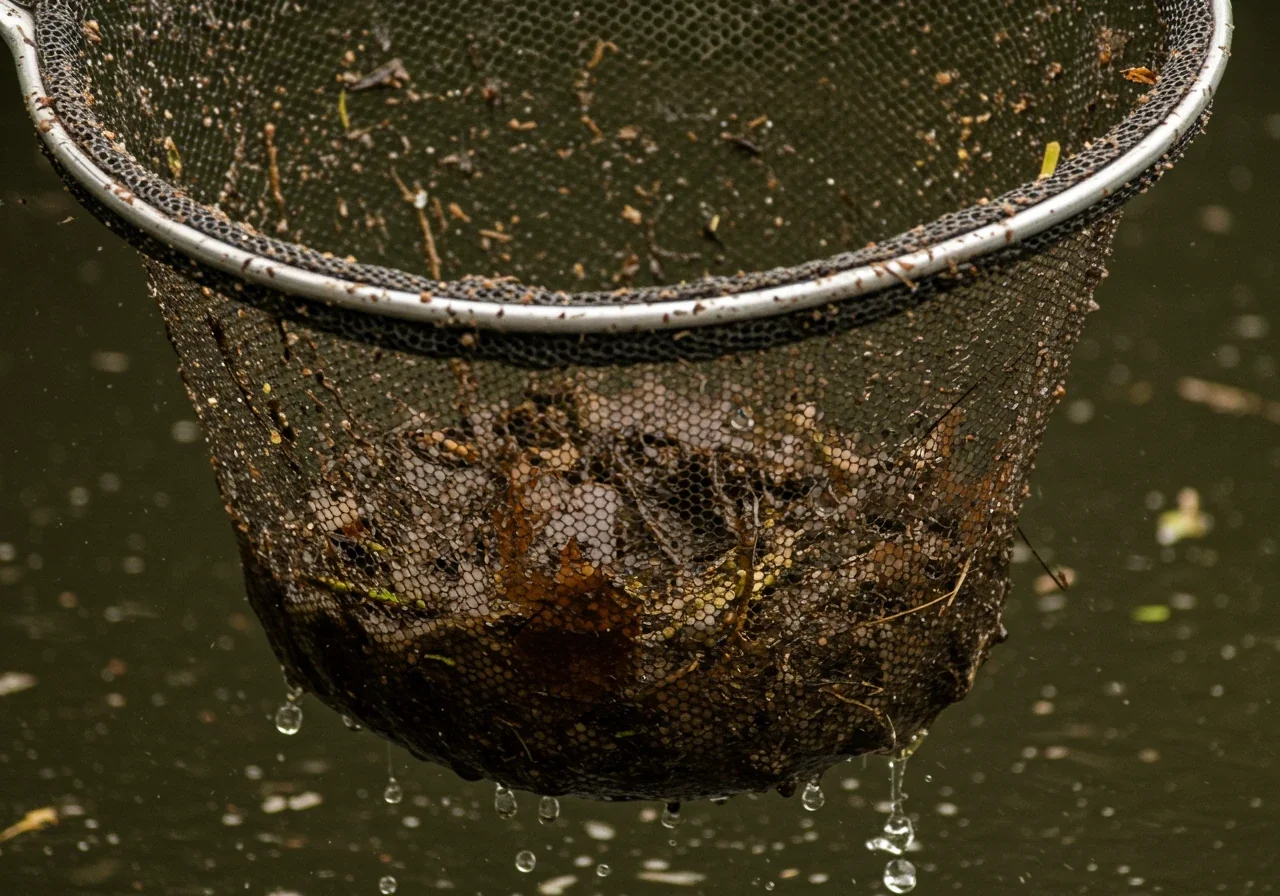 A close-up, detailed view focusing on a heavy-duty pond net partially submerged in pond water, having just scooped up a load of dark, wet, leafy sludge and organic muck from the pond bottom. The water around the net is slightly disturbed. Emphasis is on the texture and appearance of the removed debris.